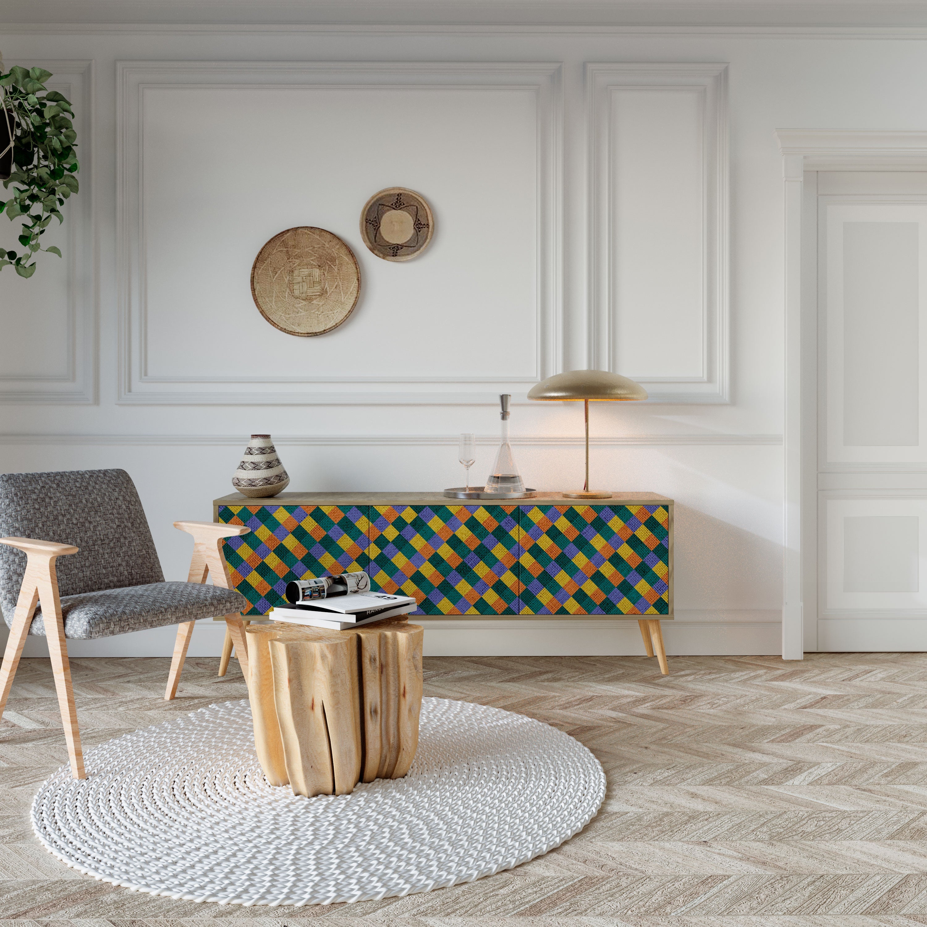 Βάση τηλεόρασης PAINTED SQUARES MIX με 3 πόρτες σε εφέ δρυός