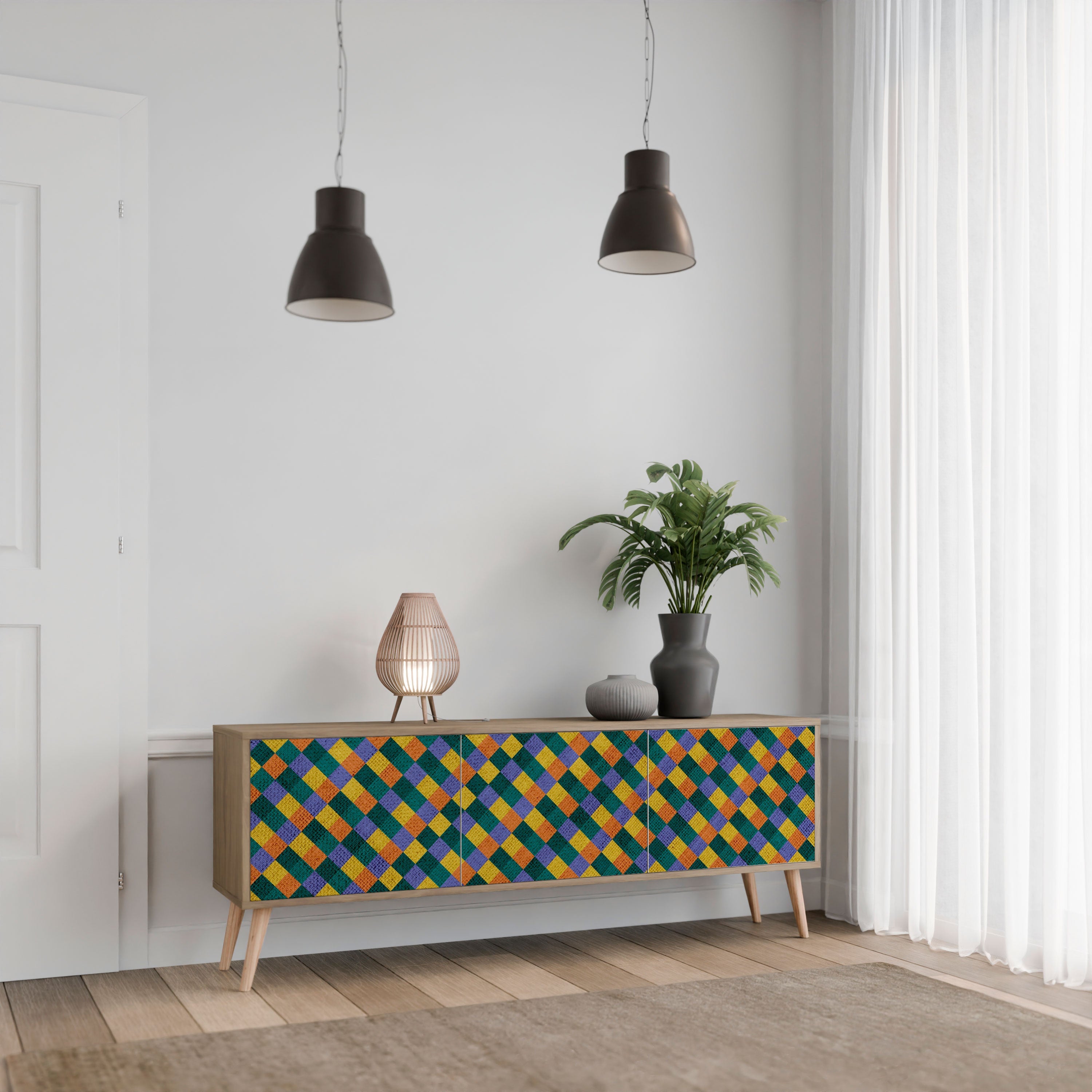 Βάση τηλεόρασης PAINTED SQUARES MIX με 3 πόρτες σε εφέ δρυός