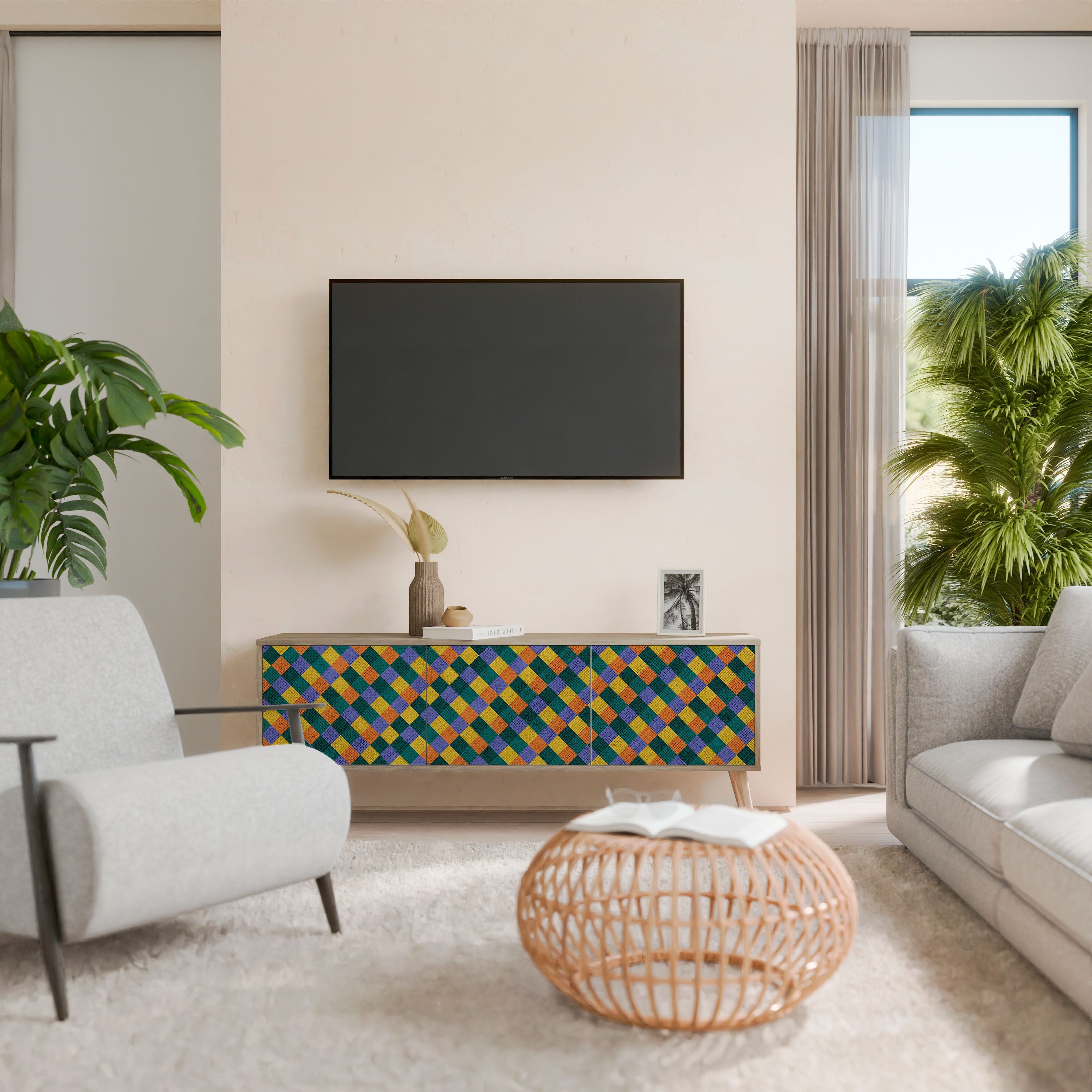 Βάση τηλεόρασης PAINTED SQUARES MIX με 3 πόρτες σε εφέ δρυός