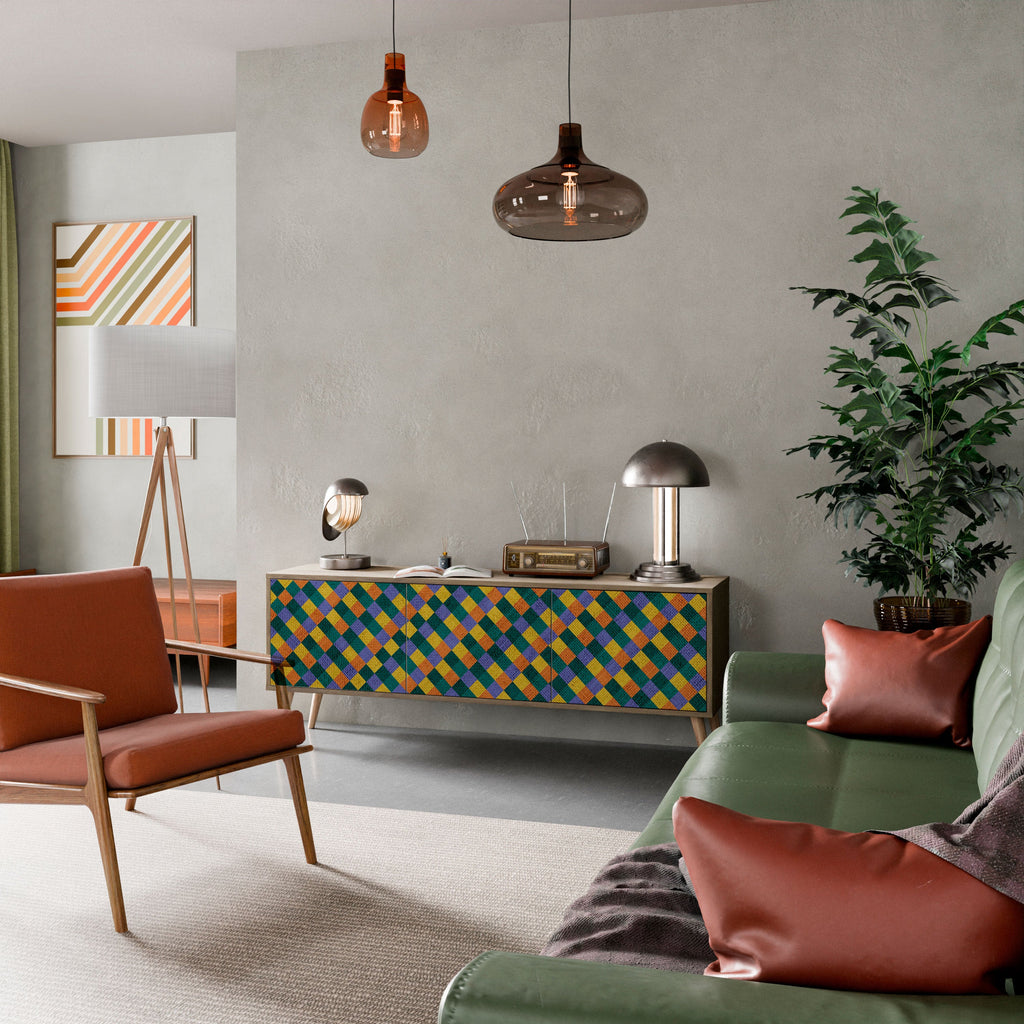 Βάση τηλεόρασης PAINTED SQUARES MIX με 3 πόρτες σε εφέ δρυός