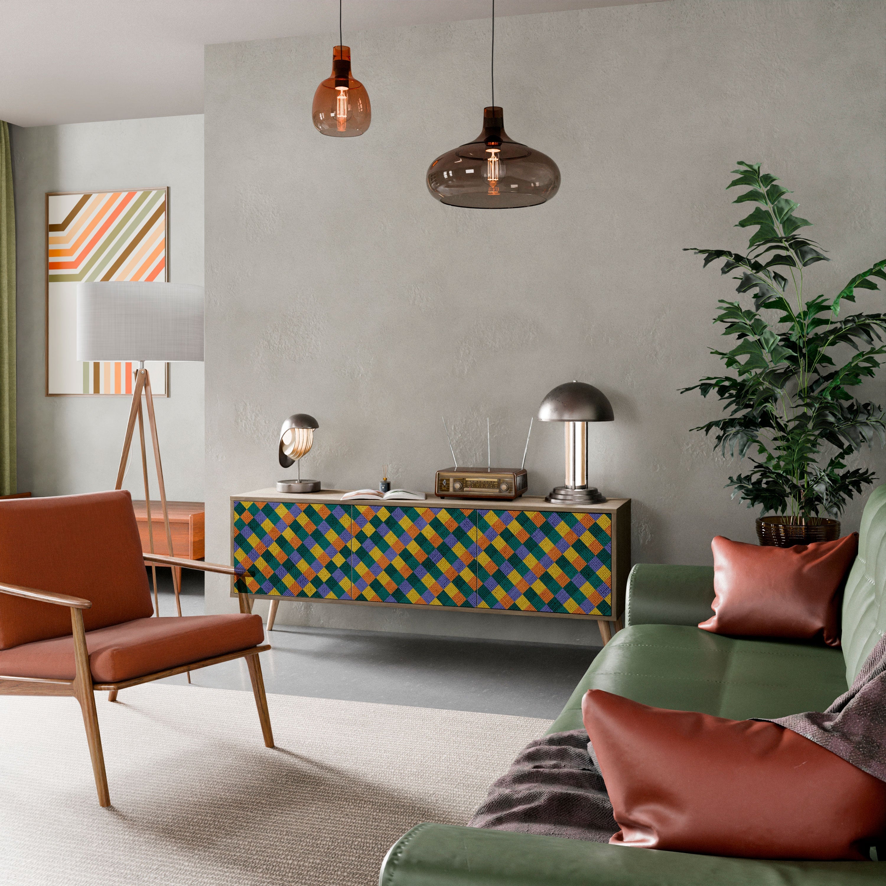 Βάση τηλεόρασης PAINTED SQUARES MIX με 3 πόρτες σε εφέ δρυός
