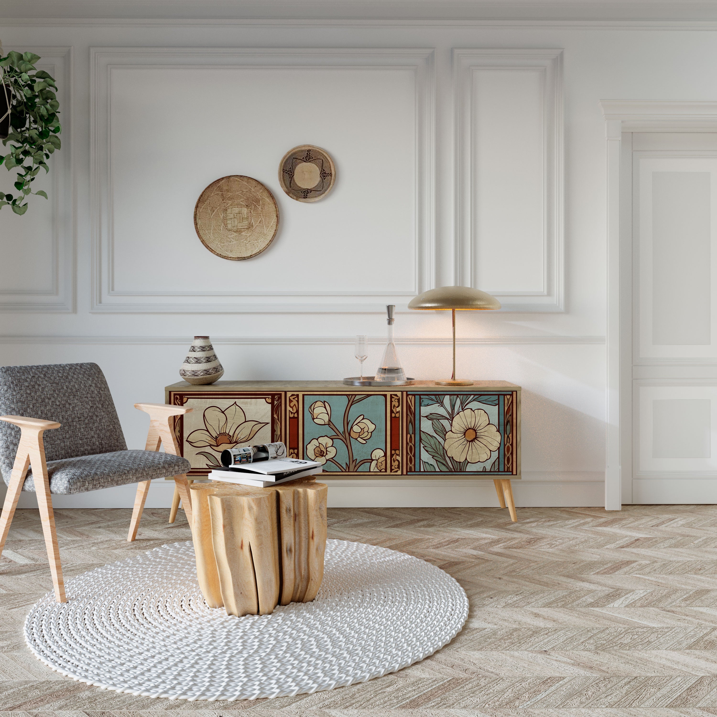 TIMELESS FLORA Τρίθυρη βάση τηλεόρασης σε όψη δρυός