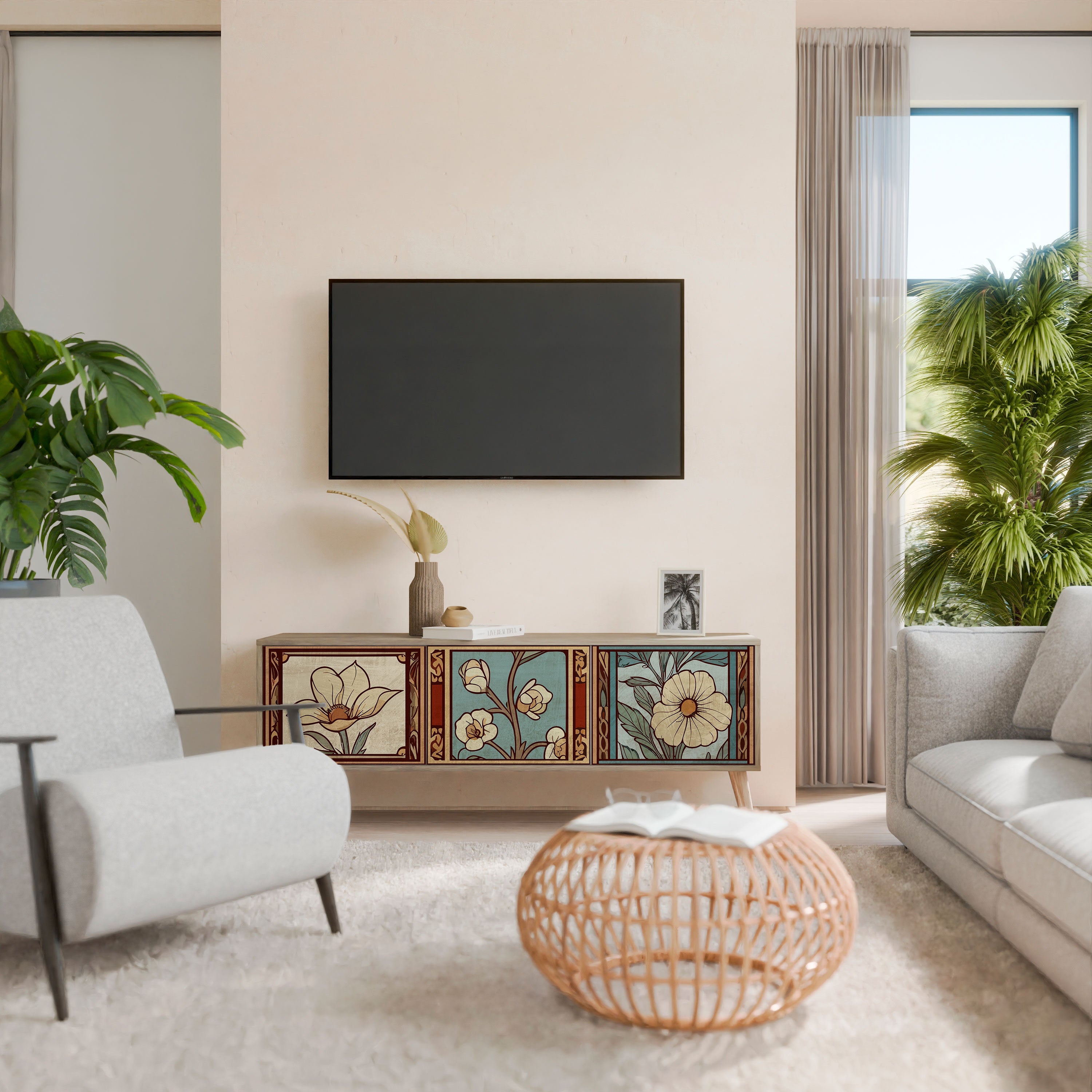 TIMELESS FLORA Τρίθυρη βάση τηλεόρασης σε όψη δρυός