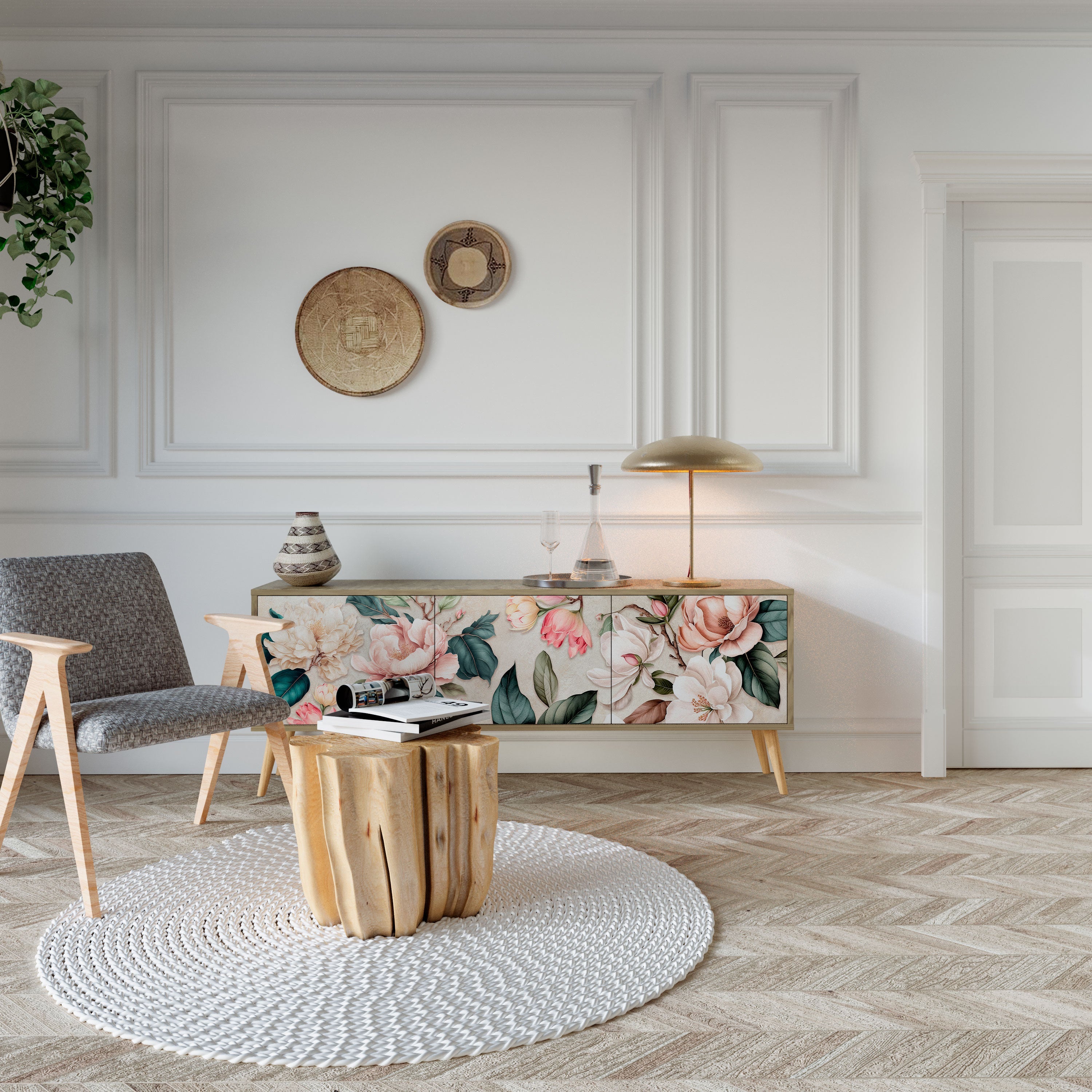 FLORAL GRACE 3θυρη βάση τηλεόρασης σε όψη δρυός