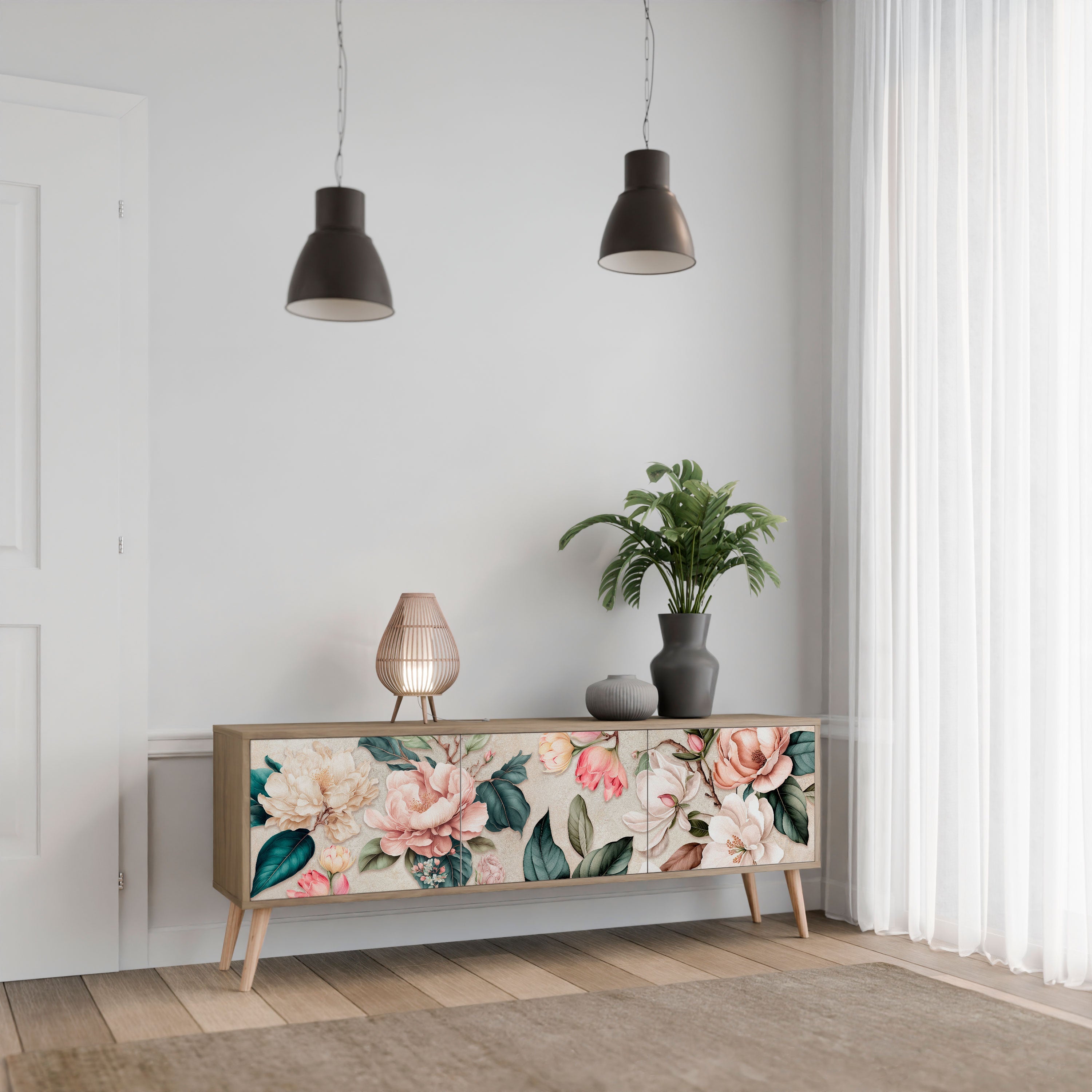 FLORAL GRACE 3θυρη βάση τηλεόρασης σε όψη δρυός