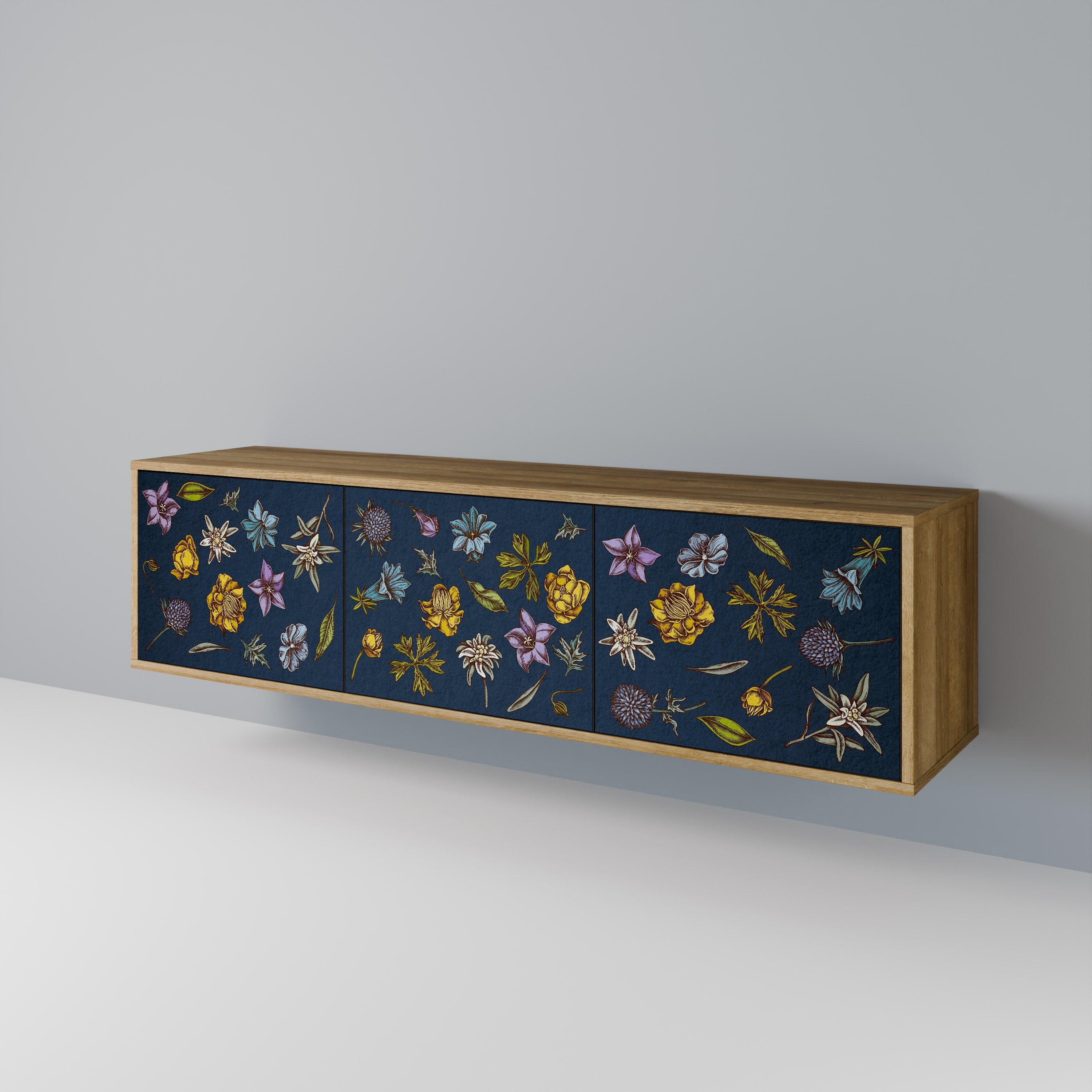 FLOWERS ON NAVY BLUE 3-Door TV Stand in Oak Effect