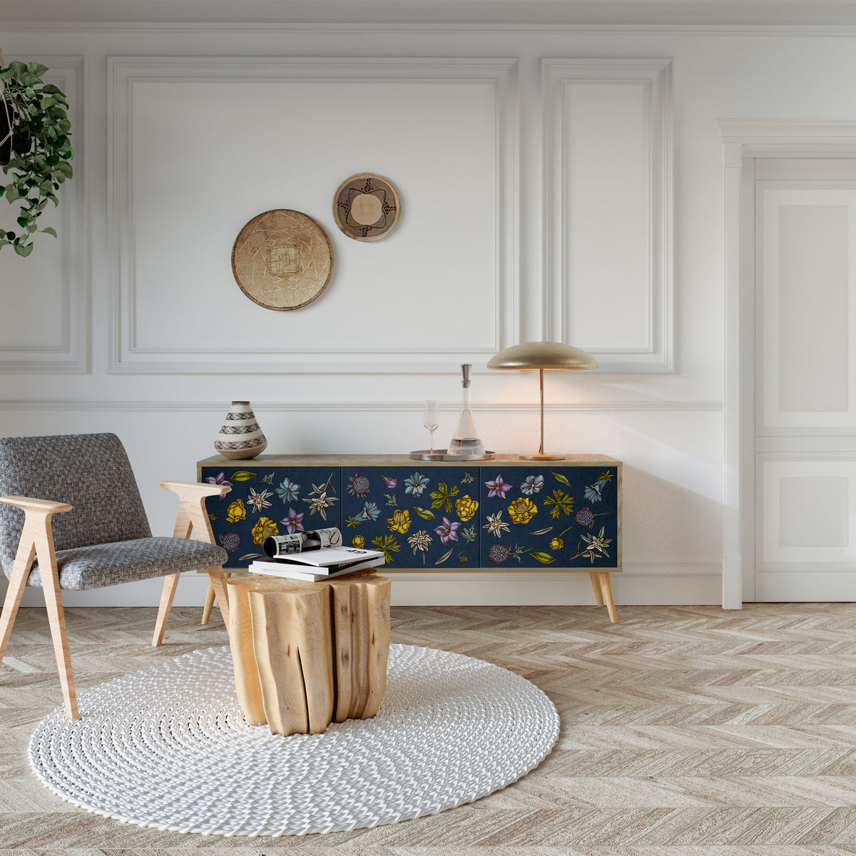 FLOWERS ON NAVY BLUE Έπιπλο τηλεόρασης 3-θυρών