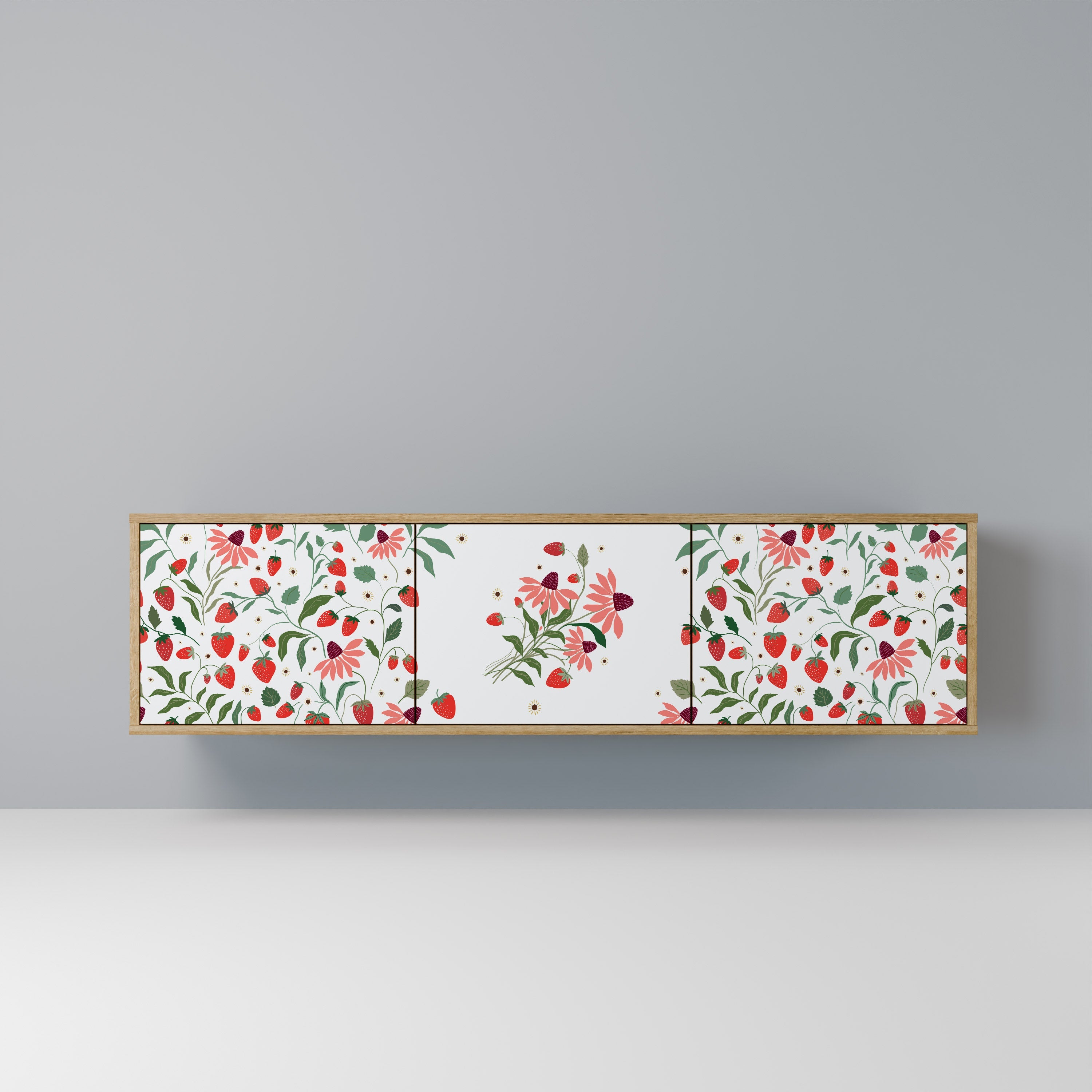 FLOWERS AND STRAWBERRIES 3-Door TV Stand in Oak Effect