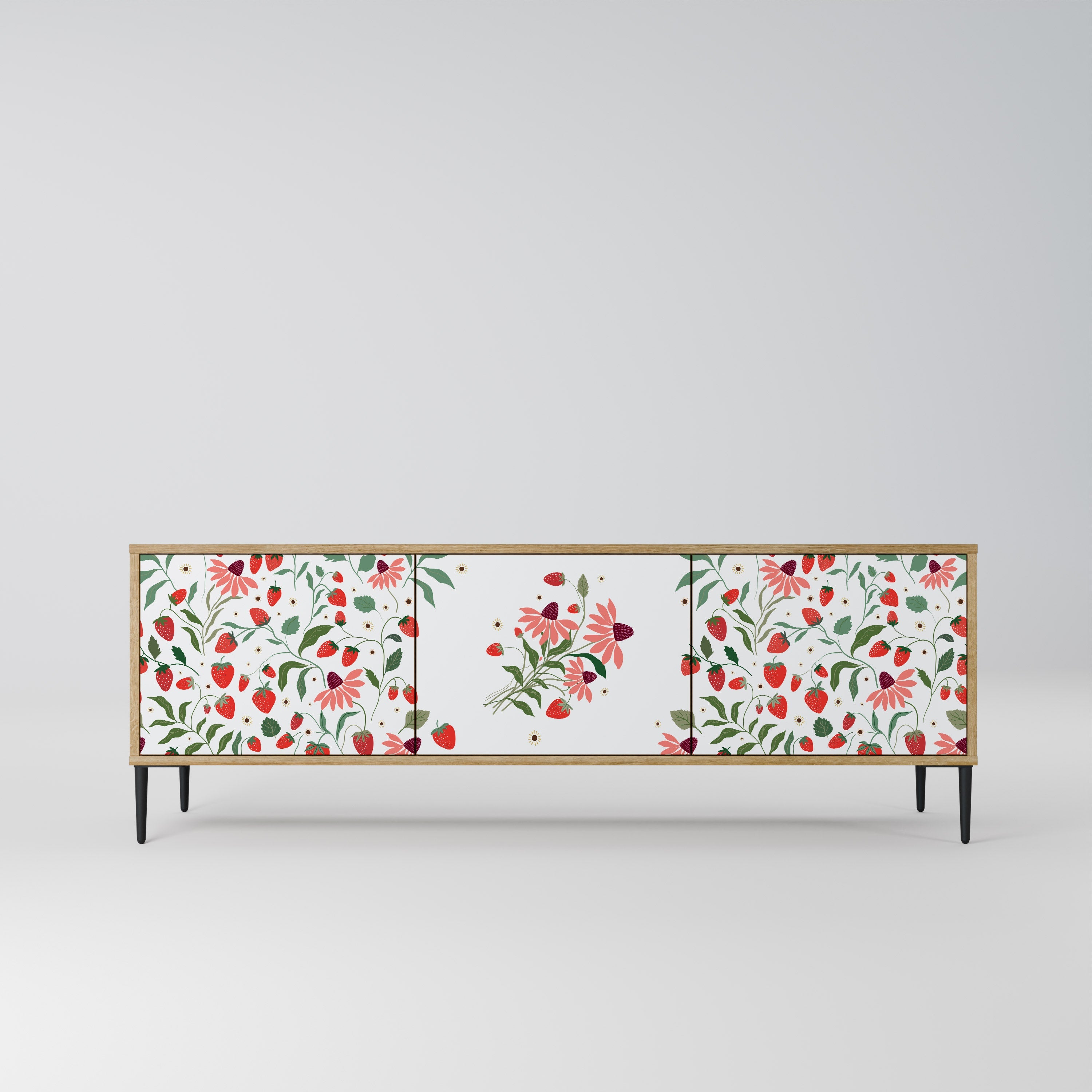 FLOWERS AND STRAWBERRIES 3-Door TV Stand in Oak Effect