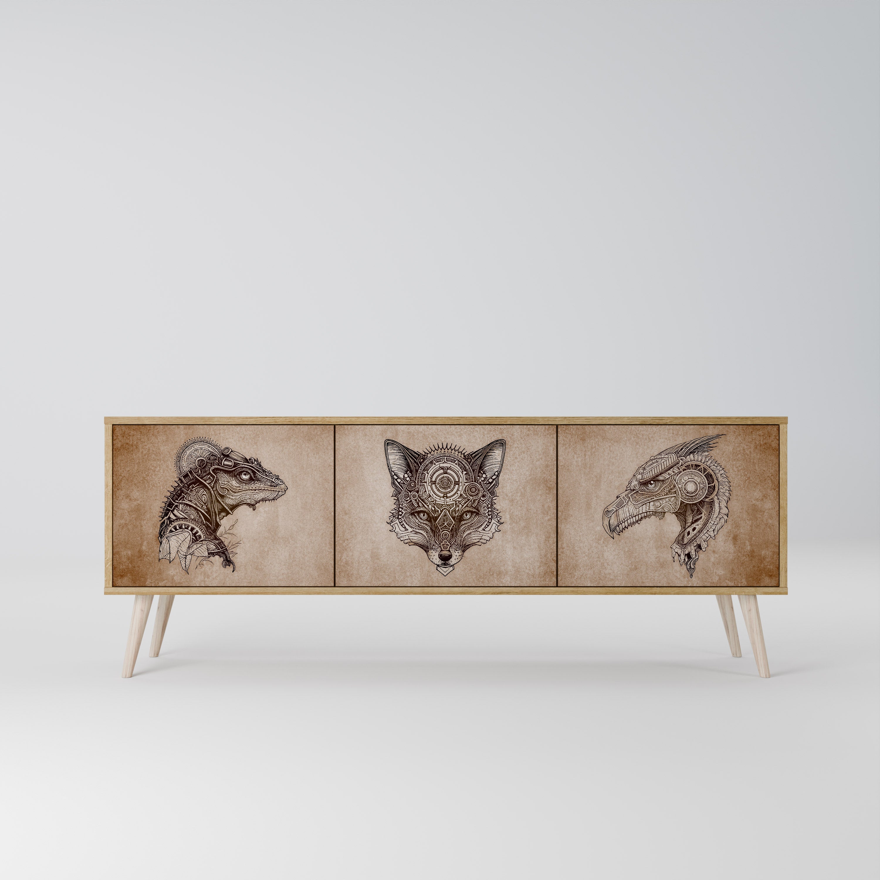 STEAMPUNK CLAN 3-Door TV Stand in Oak Effect