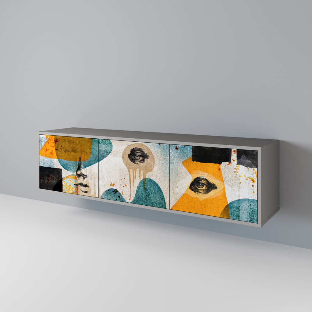 Βάση τηλεόρασης ABSTRACT FACES με 3 πόρτες σε γκρι φινίρισμα