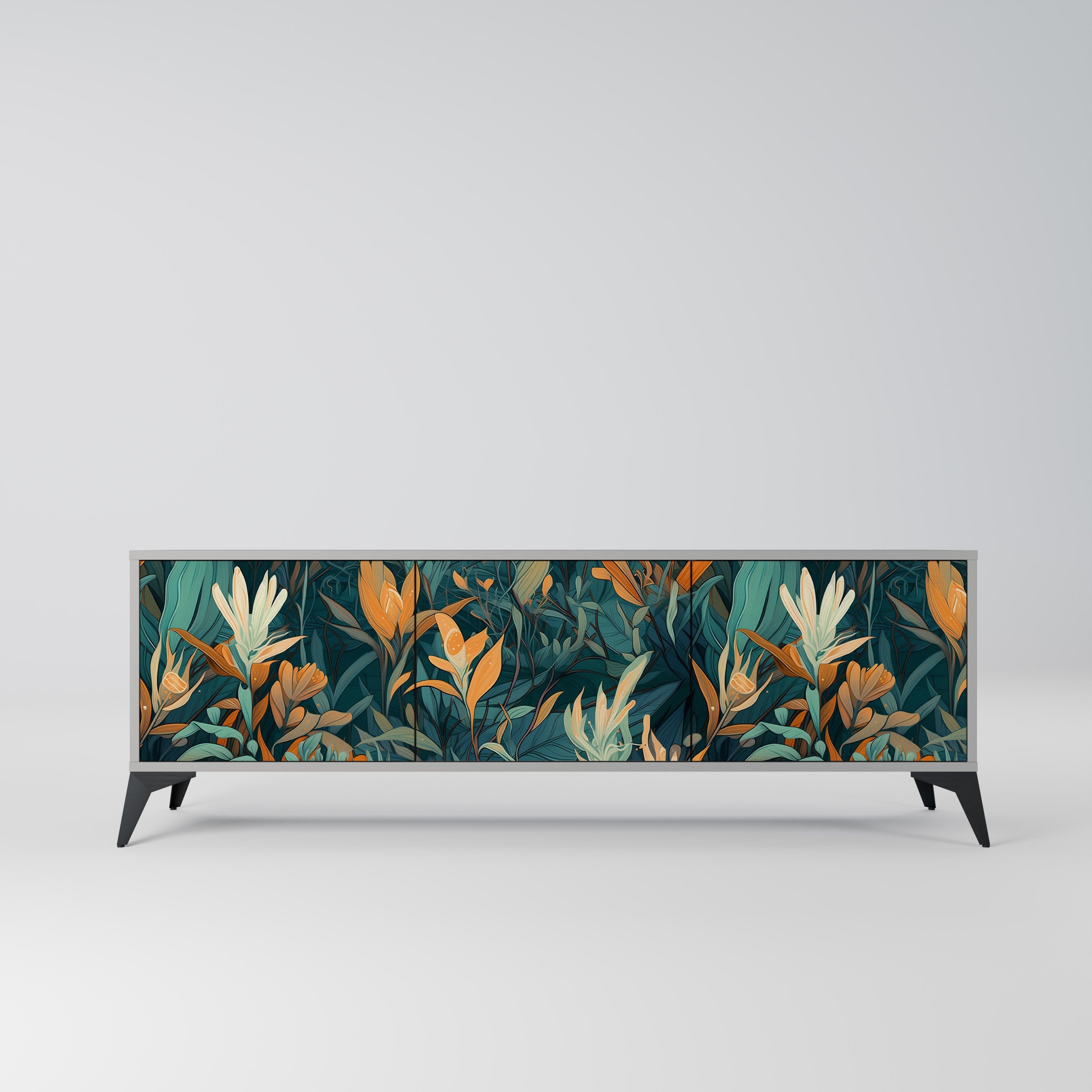 FLORAL SERENITY 3θυρο έπιπλο τηλεόρασης σε γκρι φινίρισμα