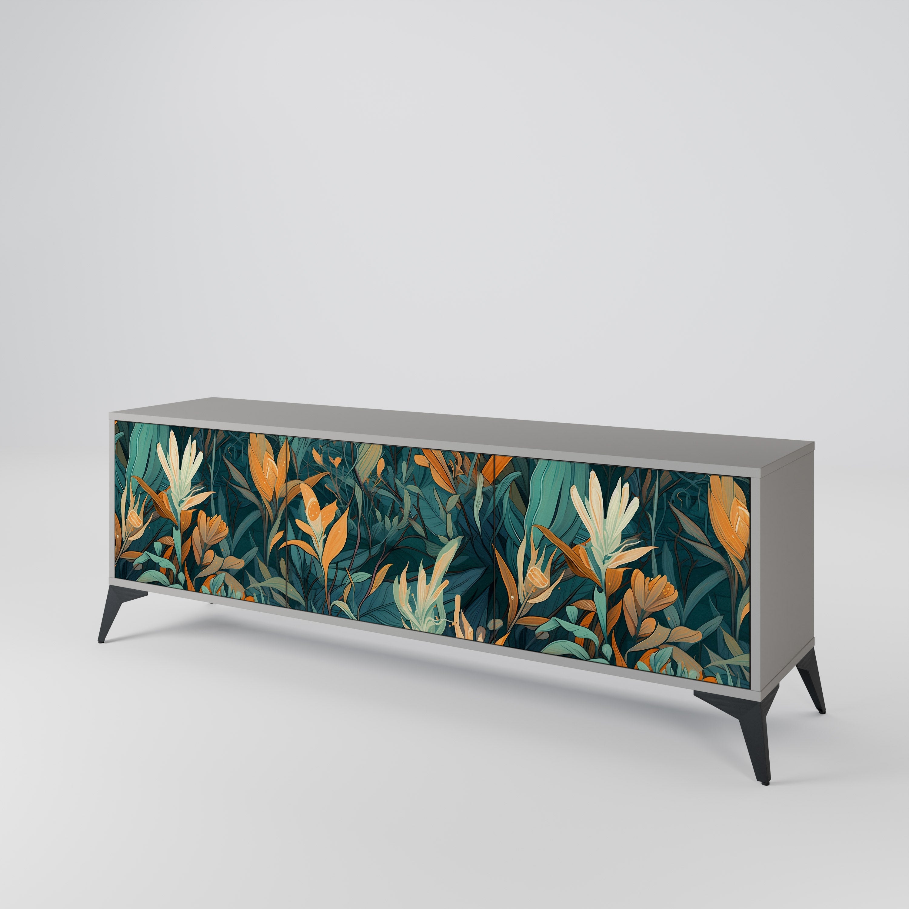 FLORAL SERENITY 3θυρο έπιπλο τηλεόρασης σε γκρι φινίρισμα