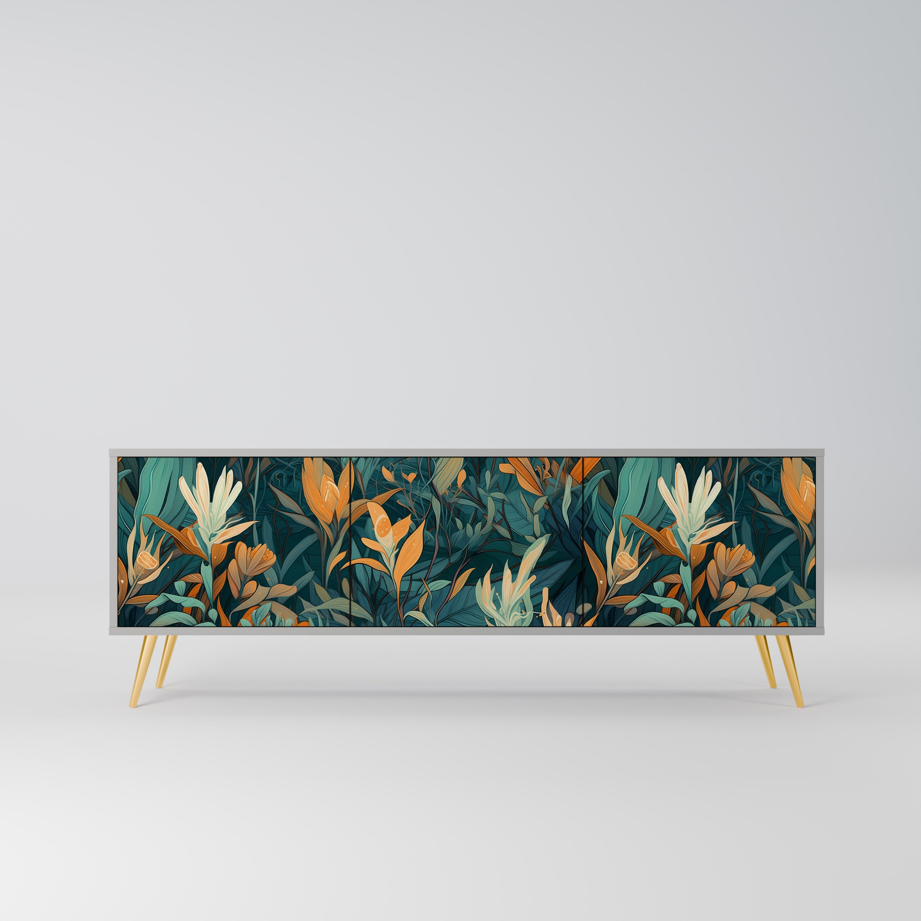 FLORAL SERENITY 3θυρο έπιπλο τηλεόρασης σε γκρι φινίρισμα