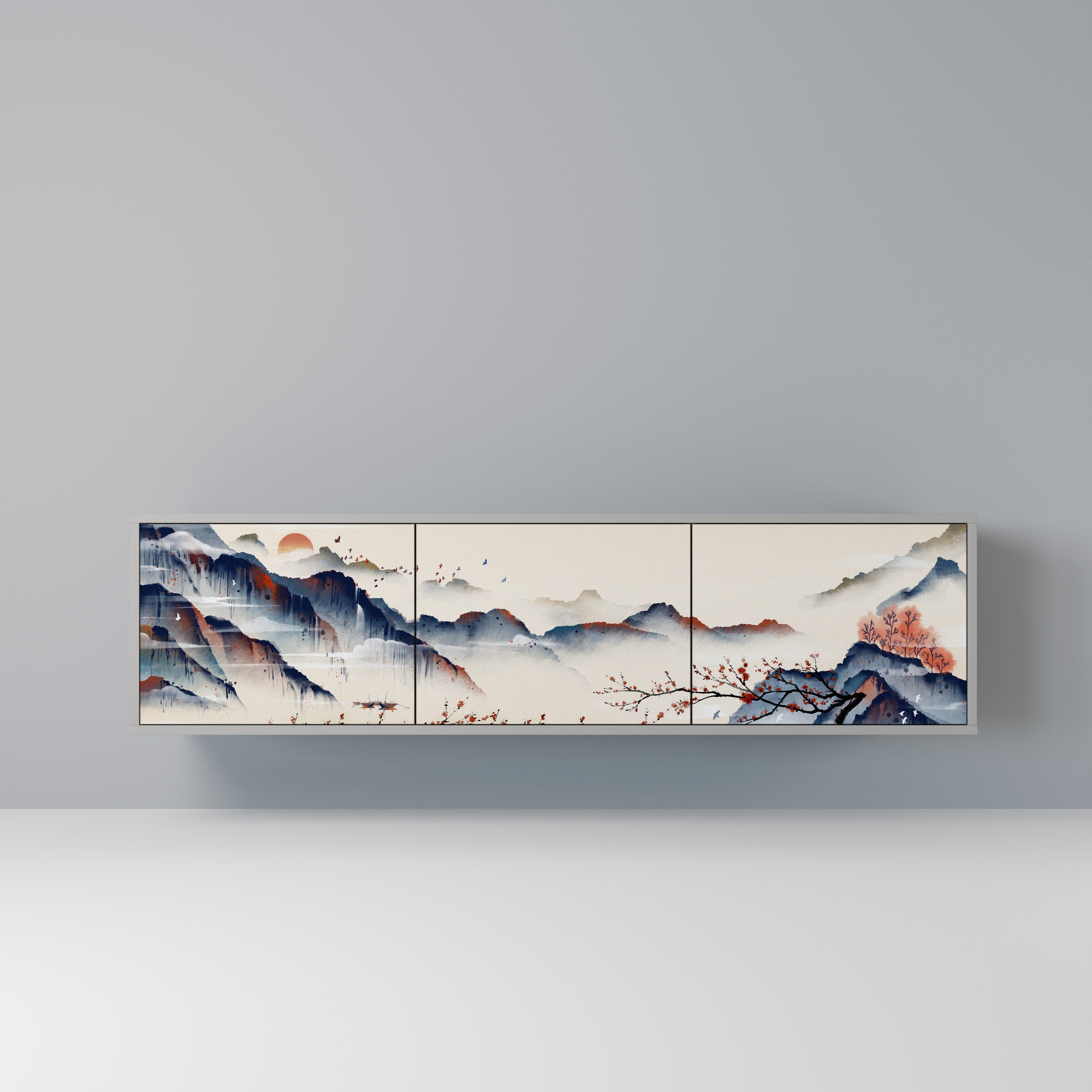 Τρίθυρη βάση τηλεόρασης JAPANESE LANDSCAPE σε γκρι φινίρισμα