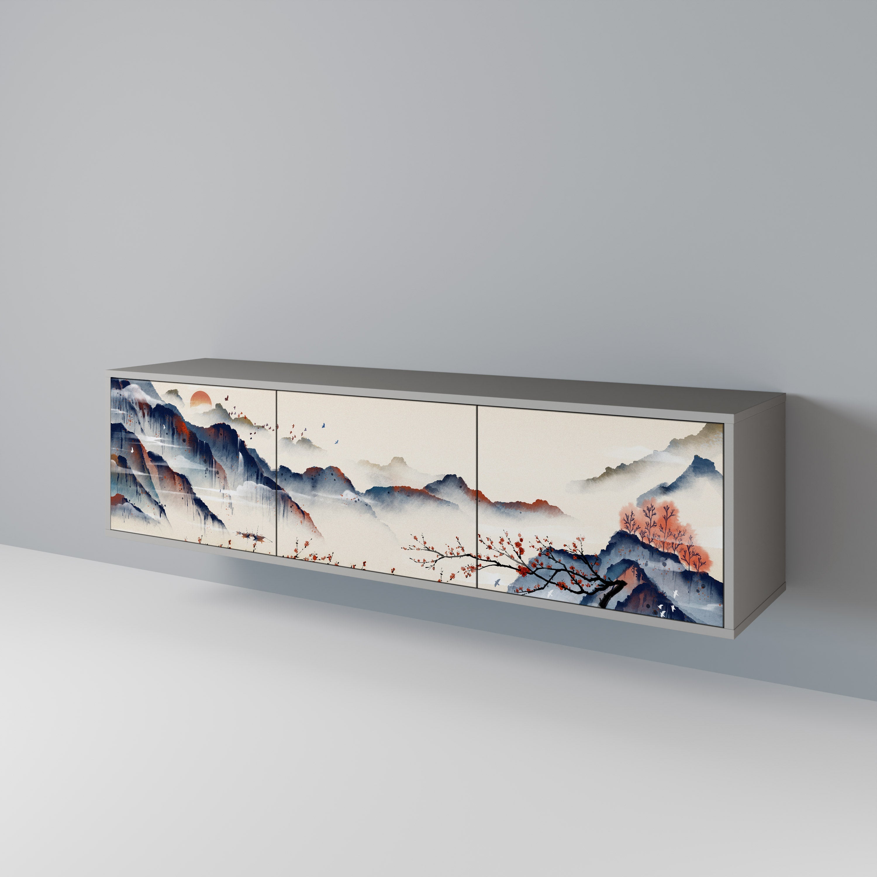Τρίθυρη βάση τηλεόρασης JAPANESE LANDSCAPE σε γκρι φινίρισμα