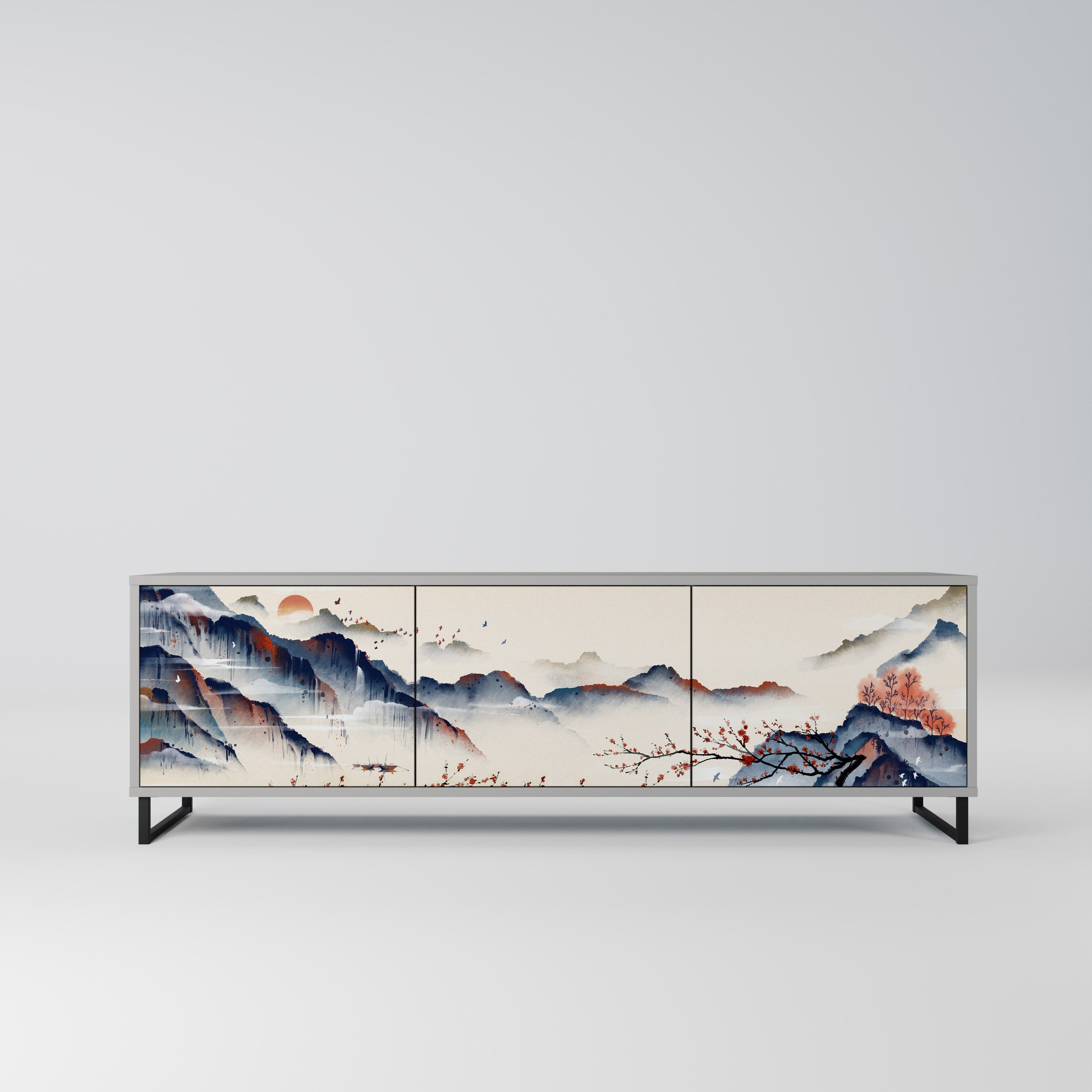 Τρίθυρη βάση τηλεόρασης JAPANESE LANDSCAPE σε γκρι φινίρισμα