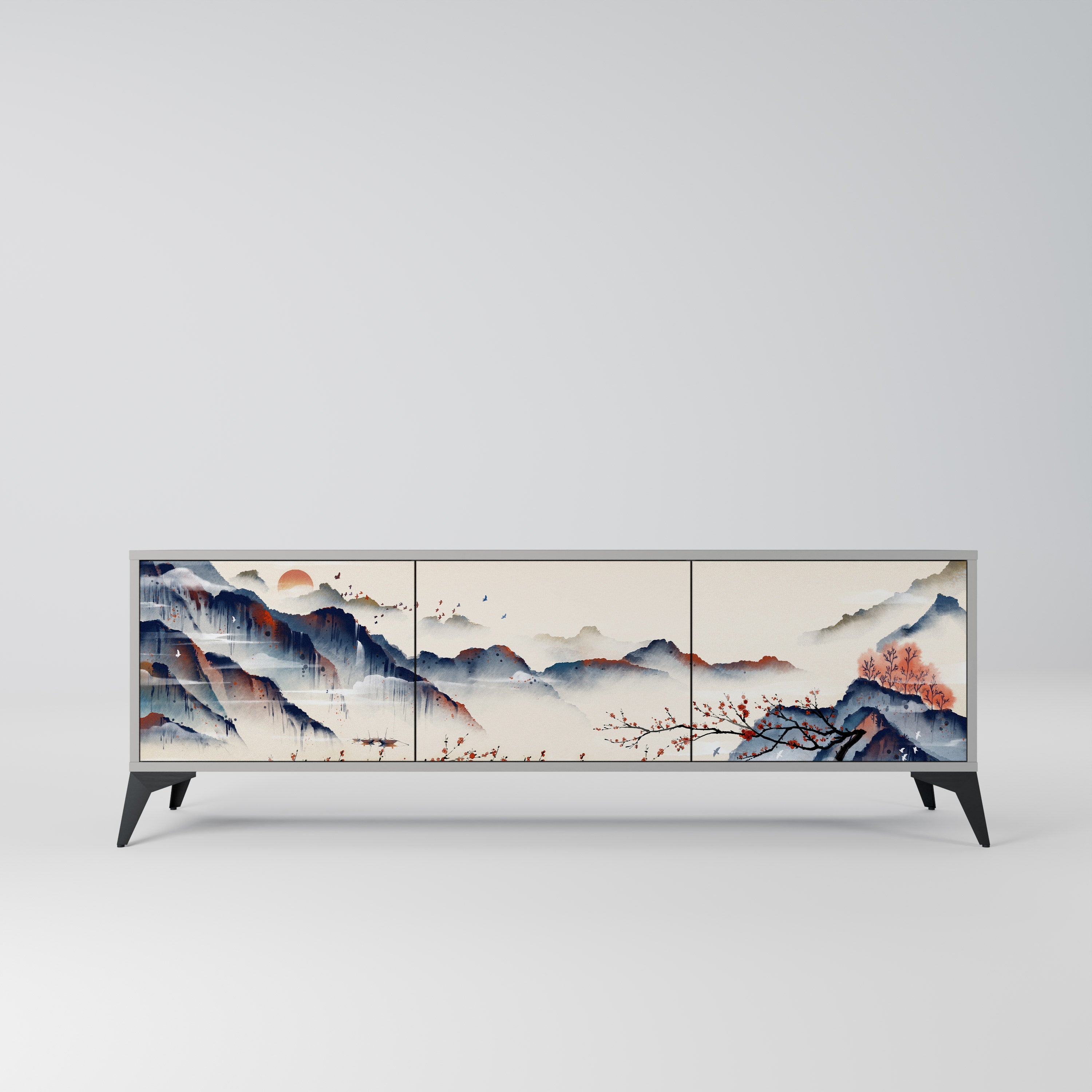 Τρίθυρη βάση τηλεόρασης JAPANESE LANDSCAPE σε γκρι φινίρισμα