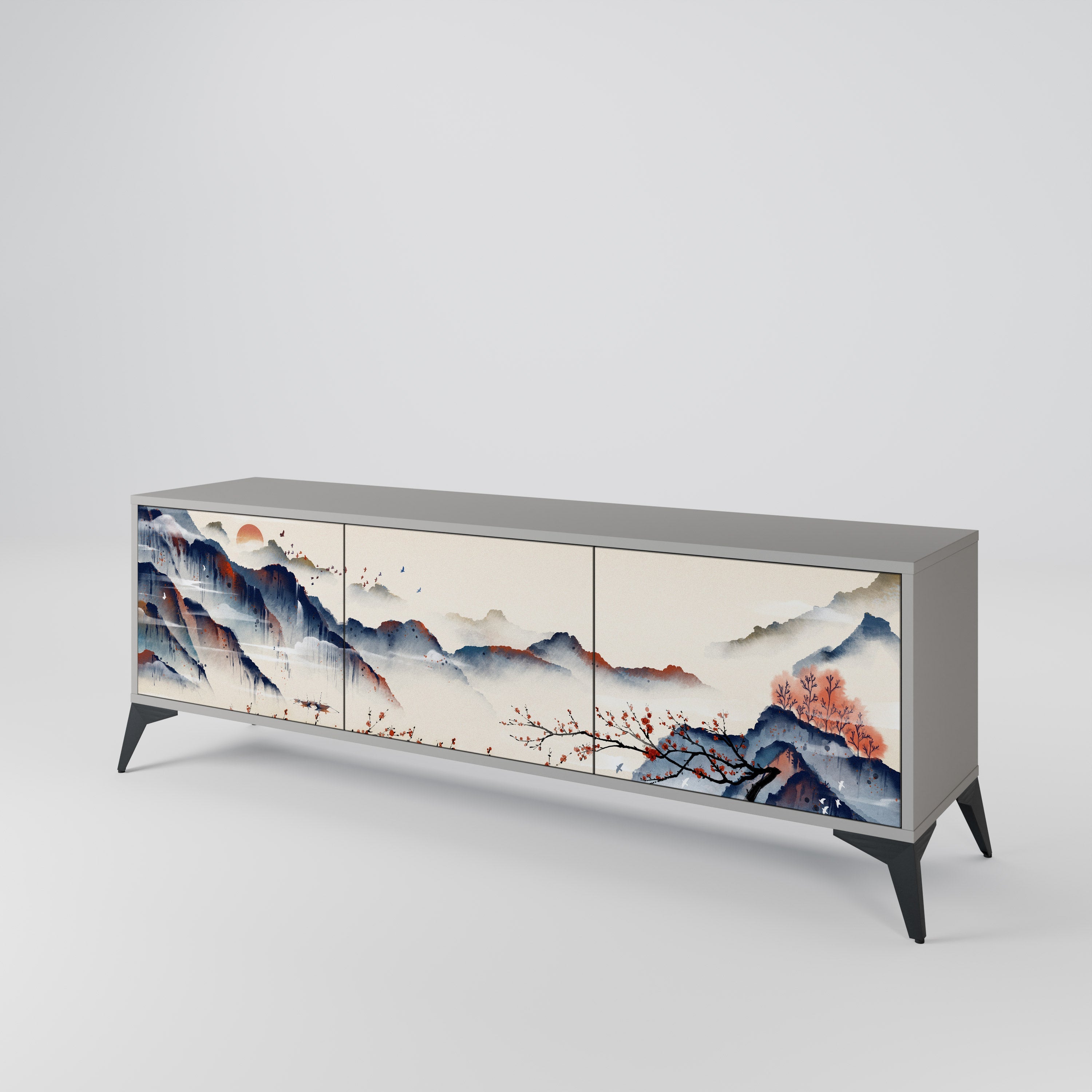 Τρίθυρη βάση τηλεόρασης JAPANESE LANDSCAPE σε γκρι φινίρισμα