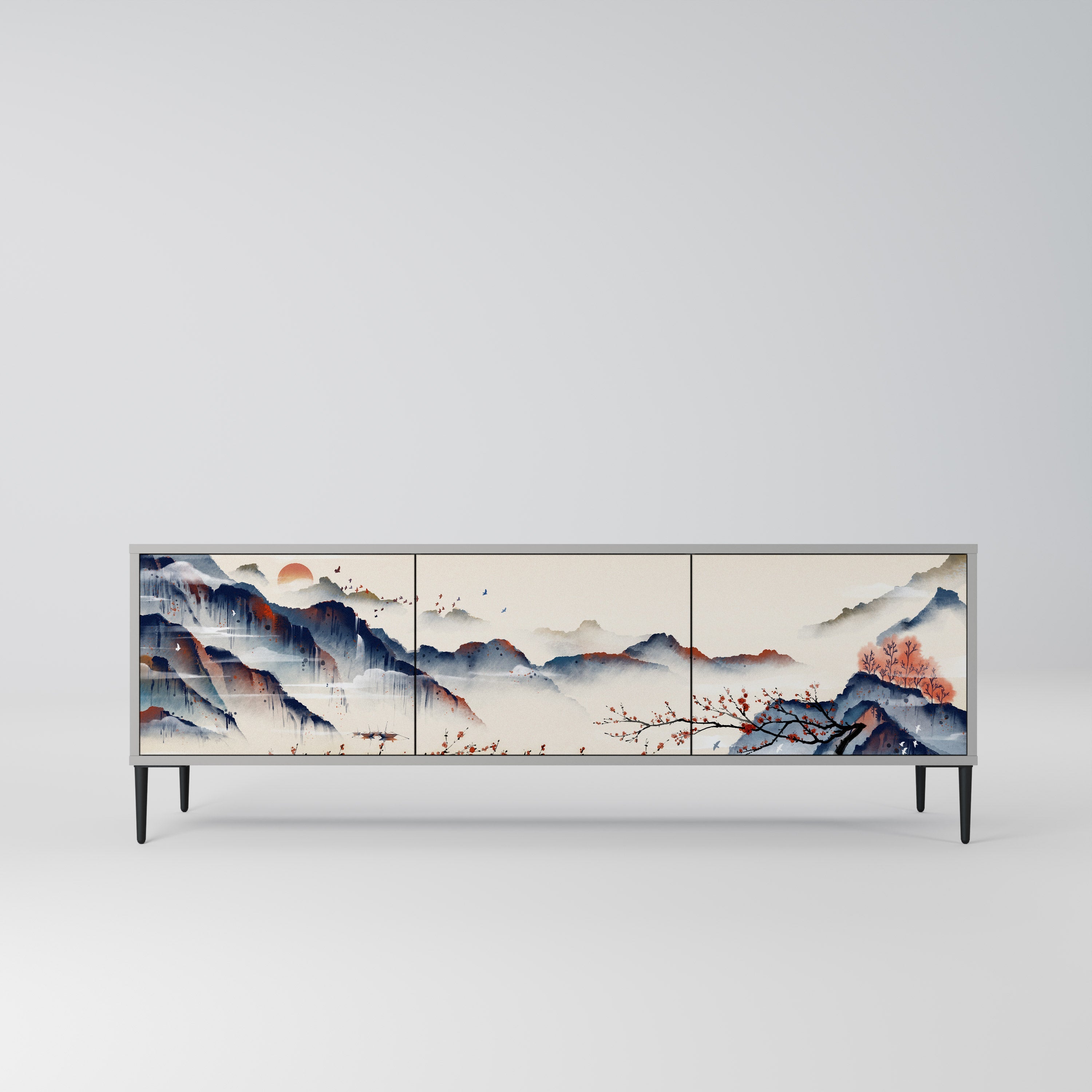 Τρίθυρη βάση τηλεόρασης JAPANESE LANDSCAPE σε γκρι φινίρισμα