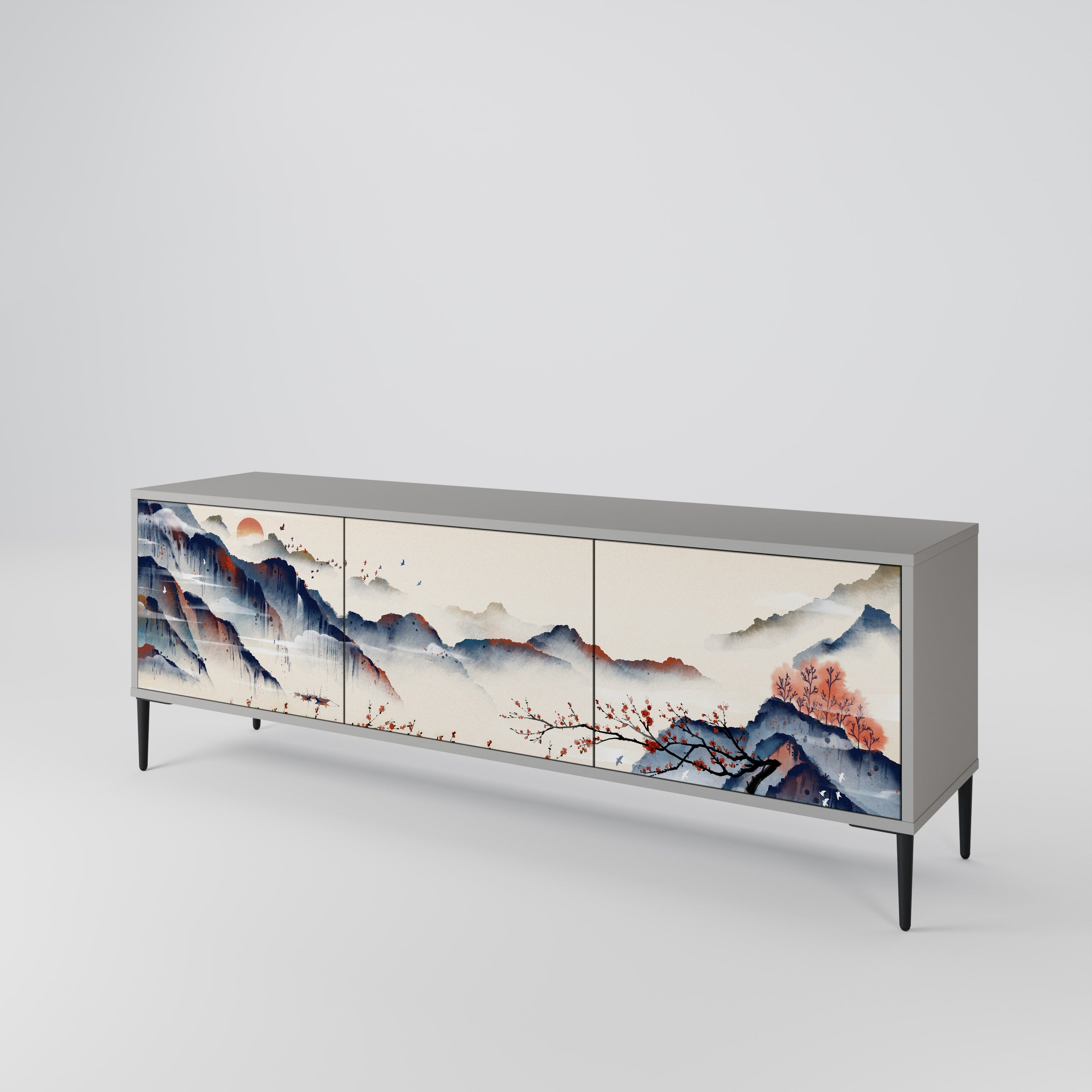 Τρίθυρη βάση τηλεόρασης JAPANESE LANDSCAPE σε γκρι φινίρισμα