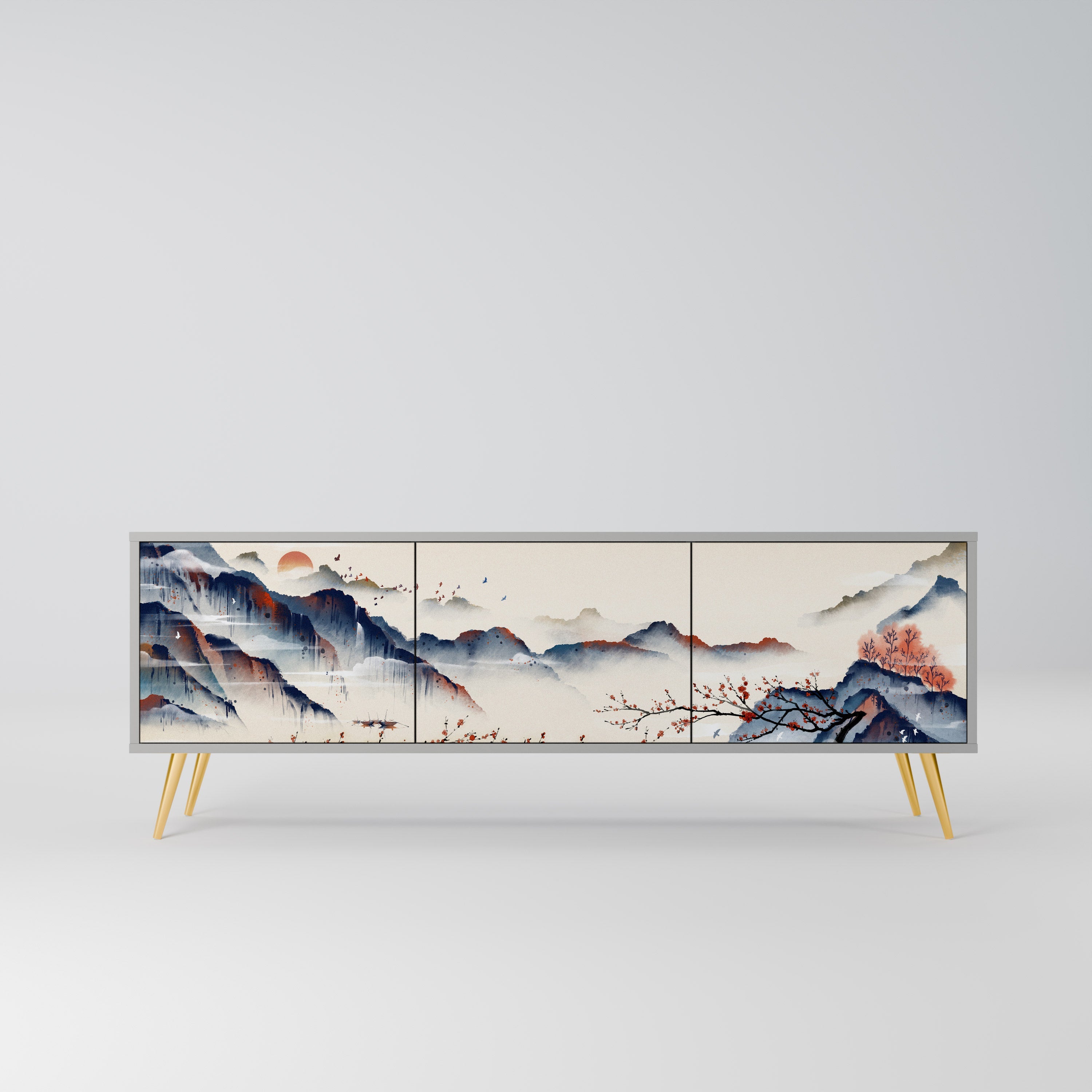 Τρίθυρη βάση τηλεόρασης JAPANESE LANDSCAPE σε γκρι φινίρισμα
