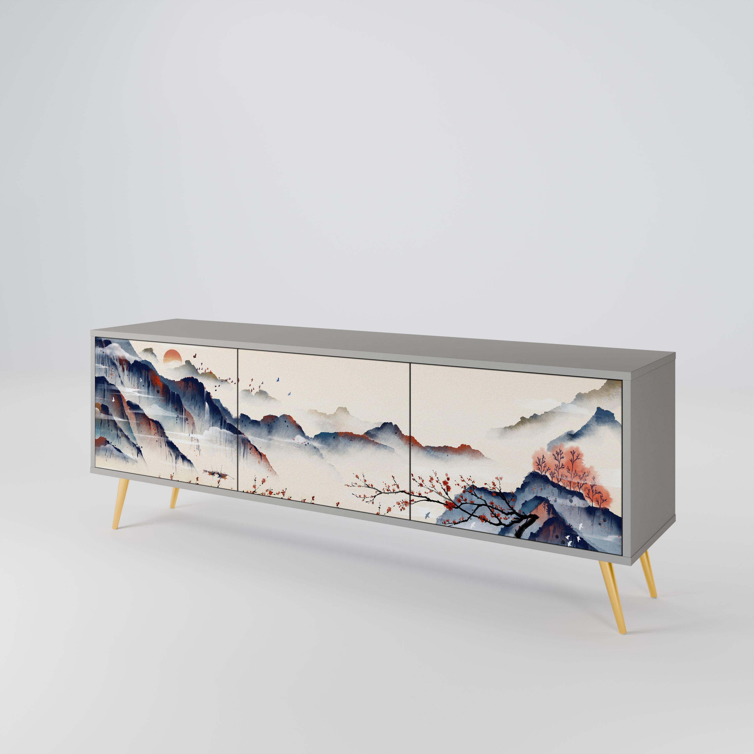 Τρίθυρη βάση τηλεόρασης JAPANESE LANDSCAPE σε γκρι φινίρισμα