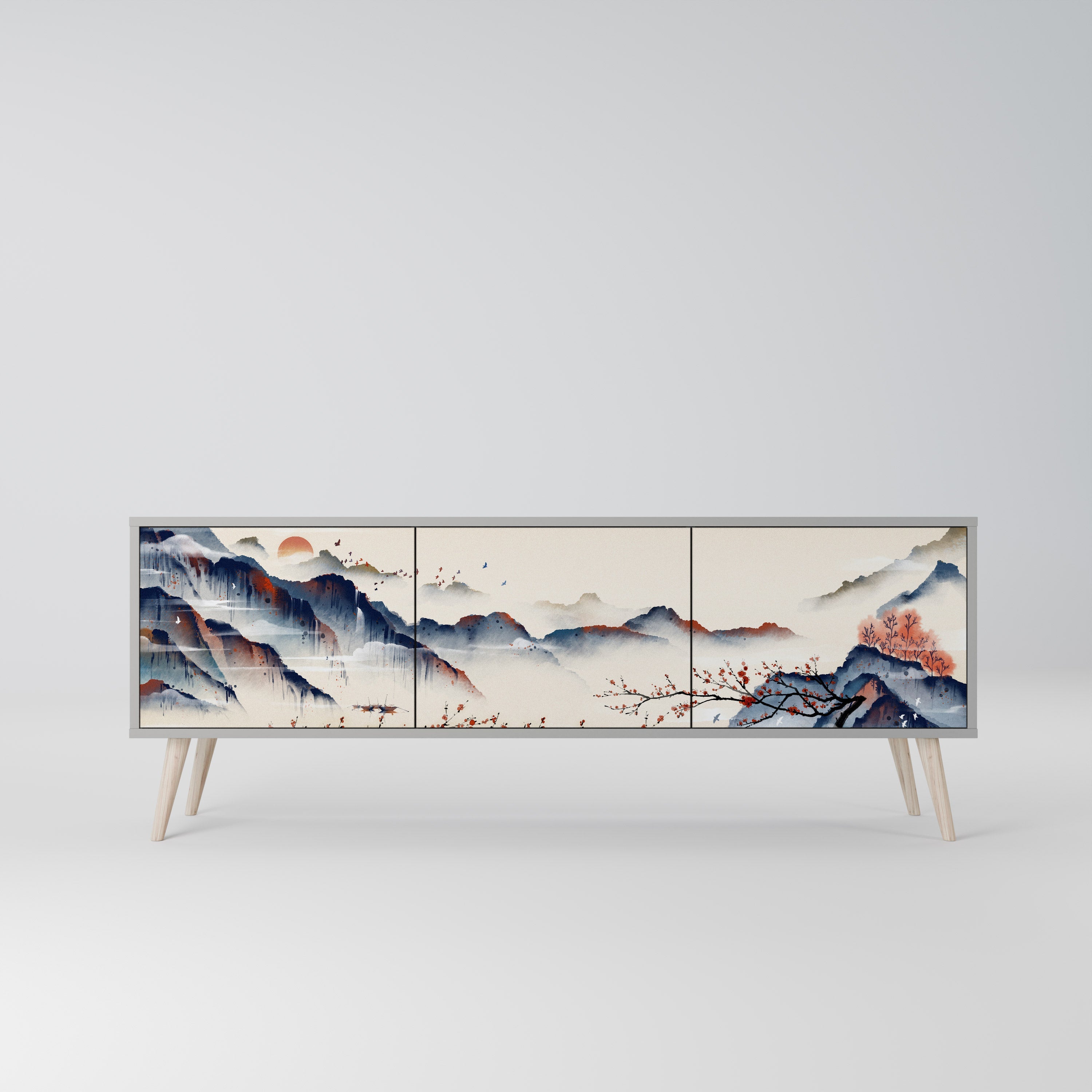Τρίθυρη βάση τηλεόρασης JAPANESE LANDSCAPE σε γκρι φινίρισμα