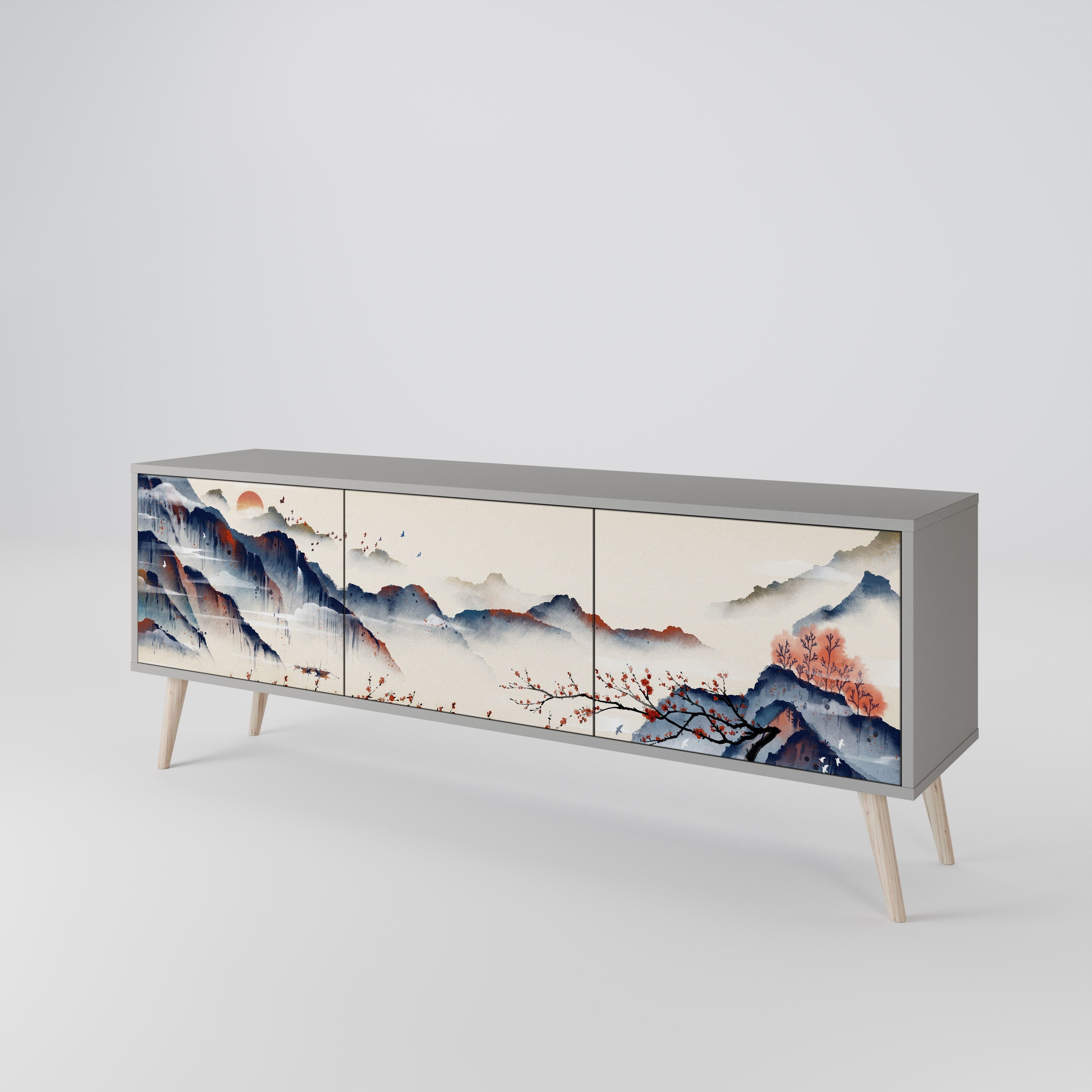 Τρίθυρη βάση τηλεόρασης JAPANESE LANDSCAPE σε γκρι φινίρισμα