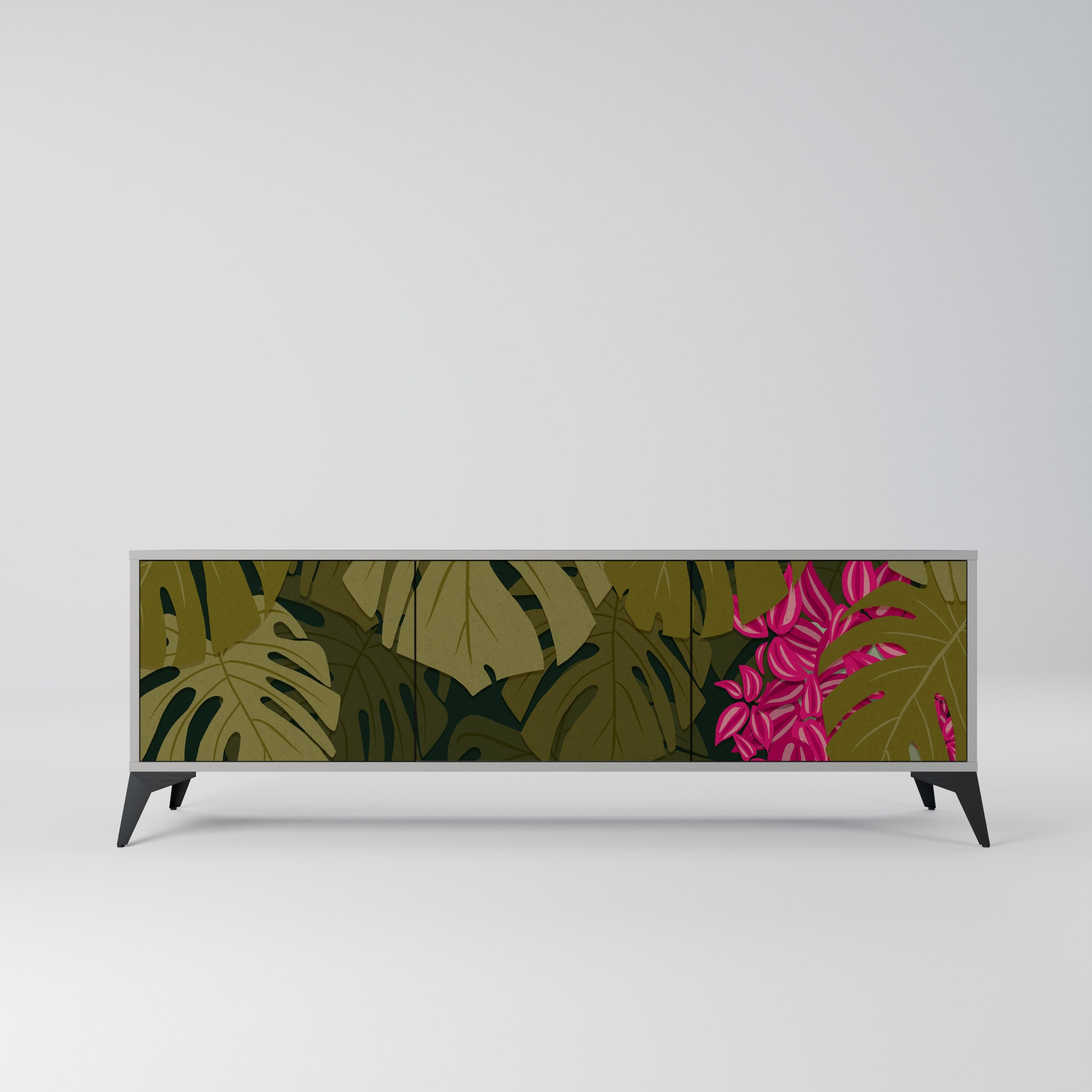 Βάση τηλεόρασης TROPICAL BEAUTY με 3 πόρτες σε γκρι φινίρισμα