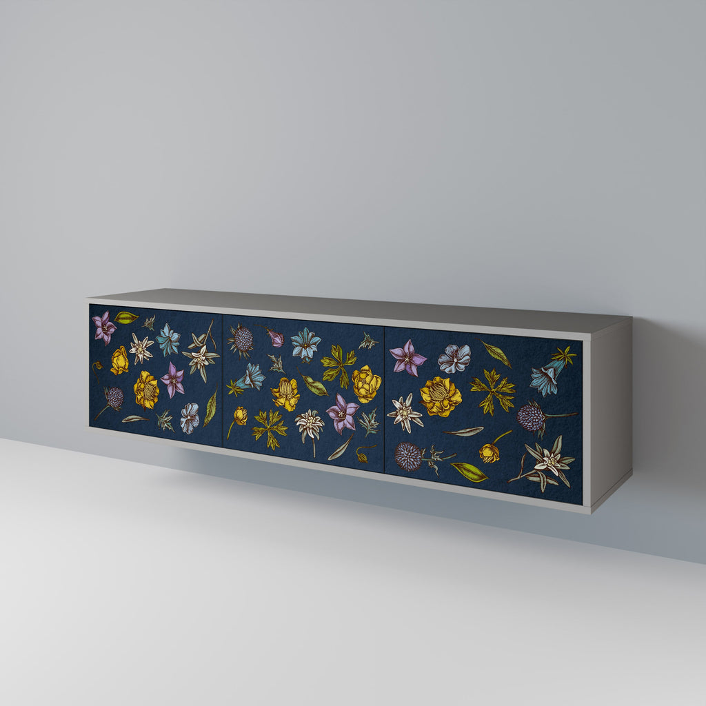 Τρίθυρη βάση τηλεόρασης FLOWERS ON NAVY BLUE σε γκρι φινίρισμα