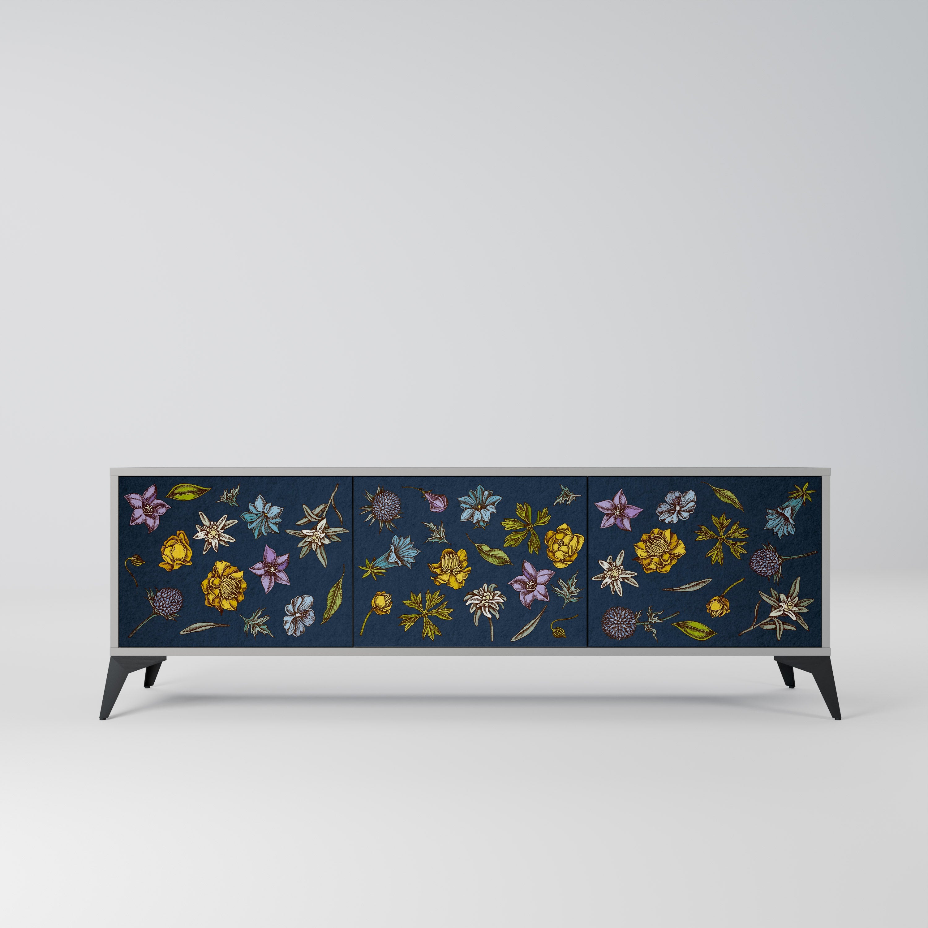 FLOWERS ON NAVY BLUE 3-Door TV Stand in Grey Finish
