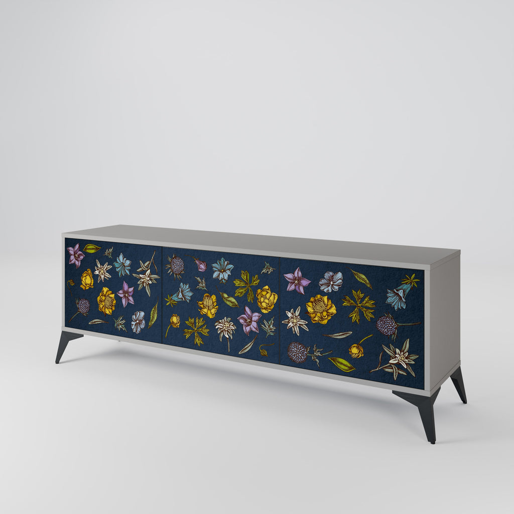 Τρίθυρη βάση τηλεόρασης FLOWERS ON NAVY BLUE σε γκρι φινίρισμα