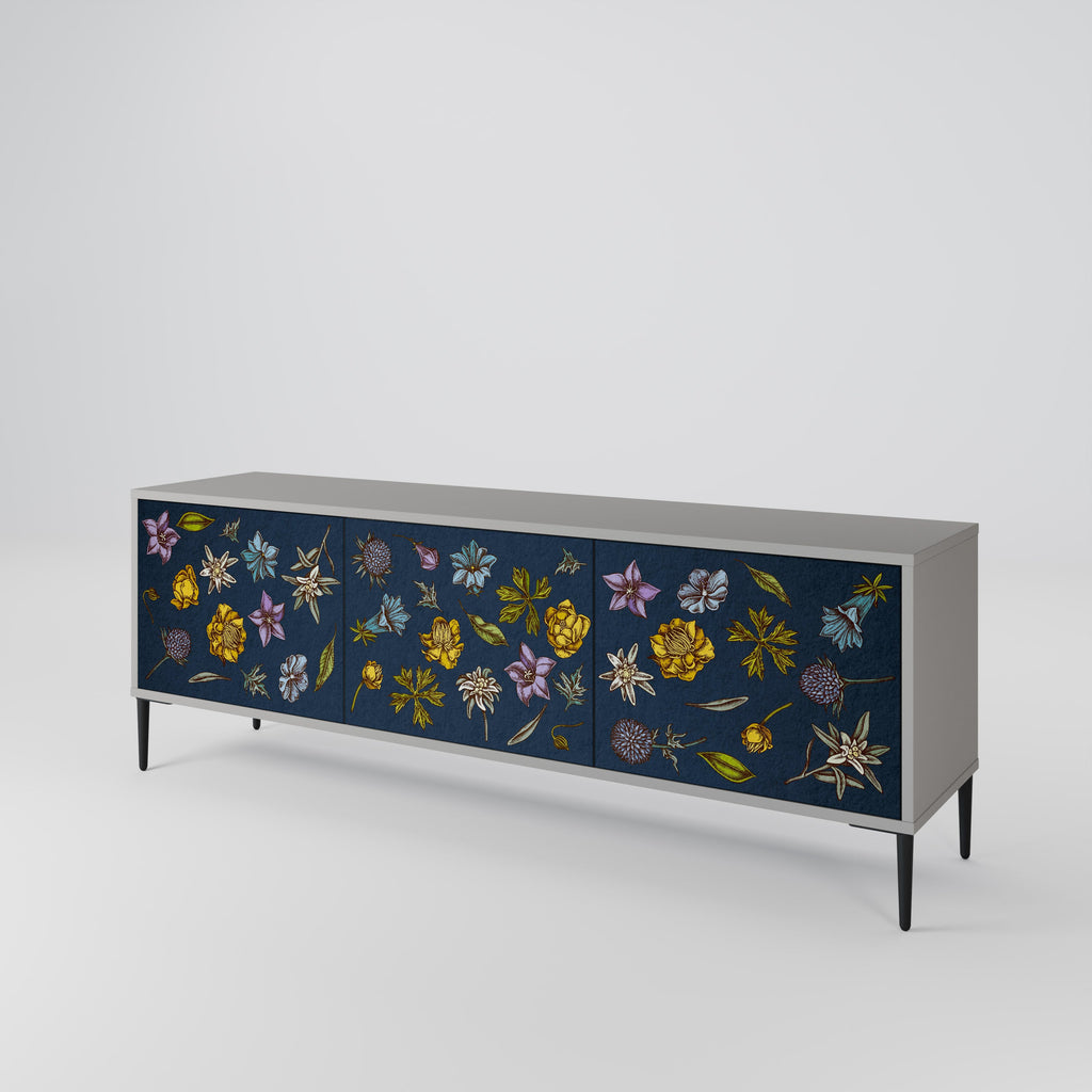 Τρίθυρη βάση τηλεόρασης FLOWERS ON NAVY BLUE σε γκρι φινίρισμα