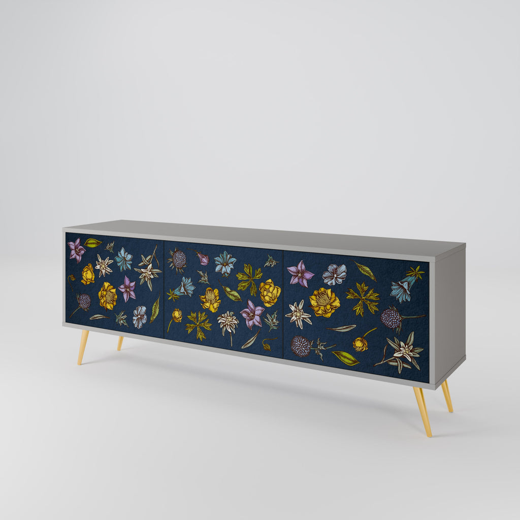 Τρίθυρη βάση τηλεόρασης FLOWERS ON NAVY BLUE σε γκρι φινίρισμα