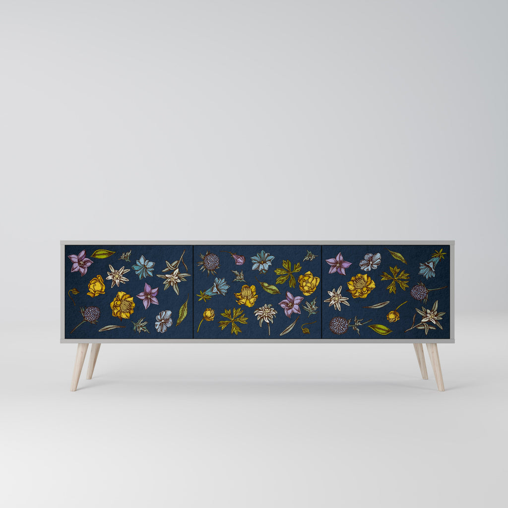 Τρίθυρη βάση τηλεόρασης FLOWERS ON NAVY BLUE σε γκρι φινίρισμα