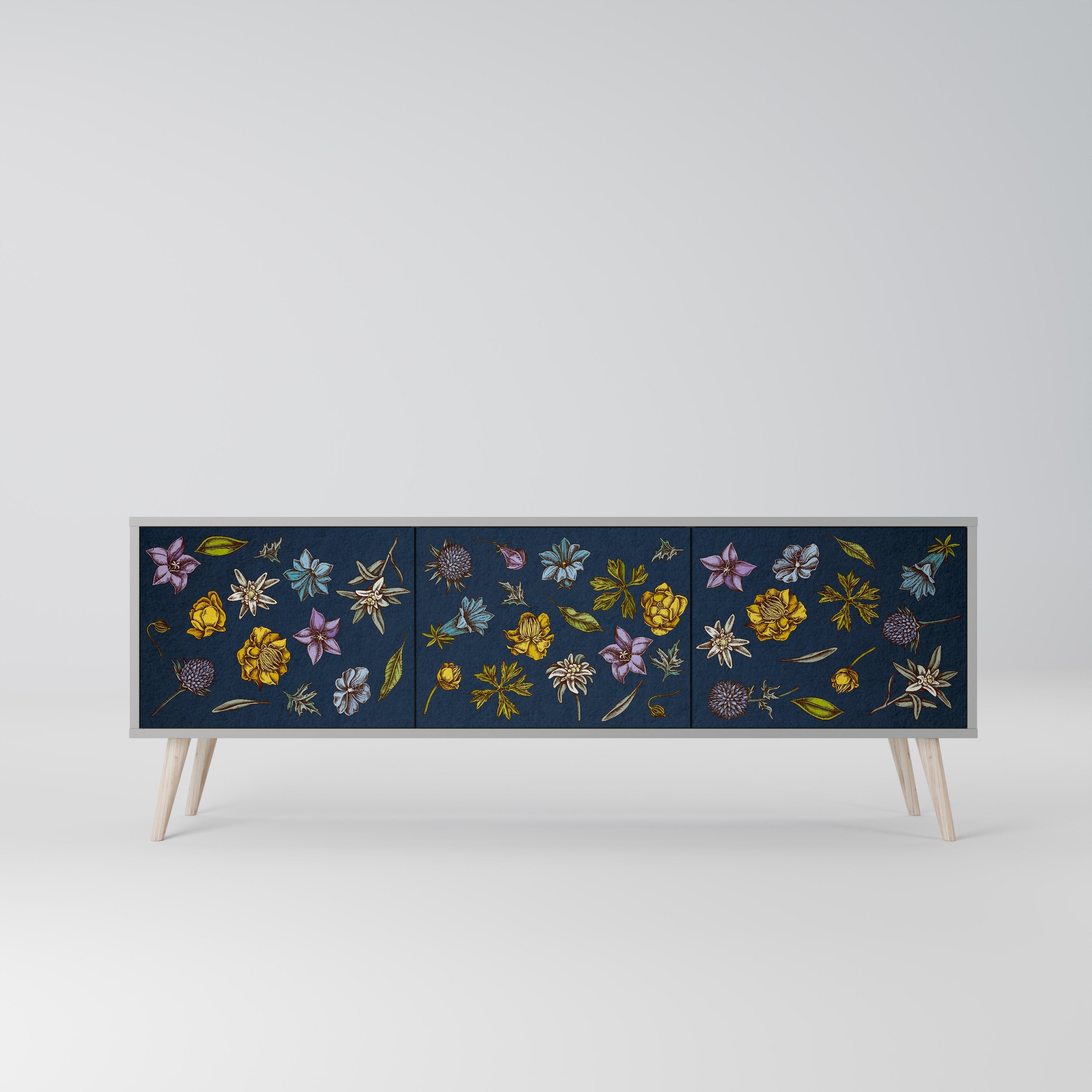 FLOWERS ON NAVY BLUE 3-Door TV Stand in Grey Finish
