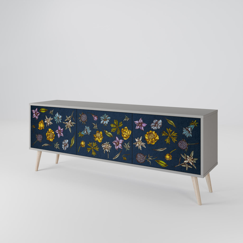 Τρίθυρη βάση τηλεόρασης FLOWERS ON NAVY BLUE σε γκρι φινίρισμα
