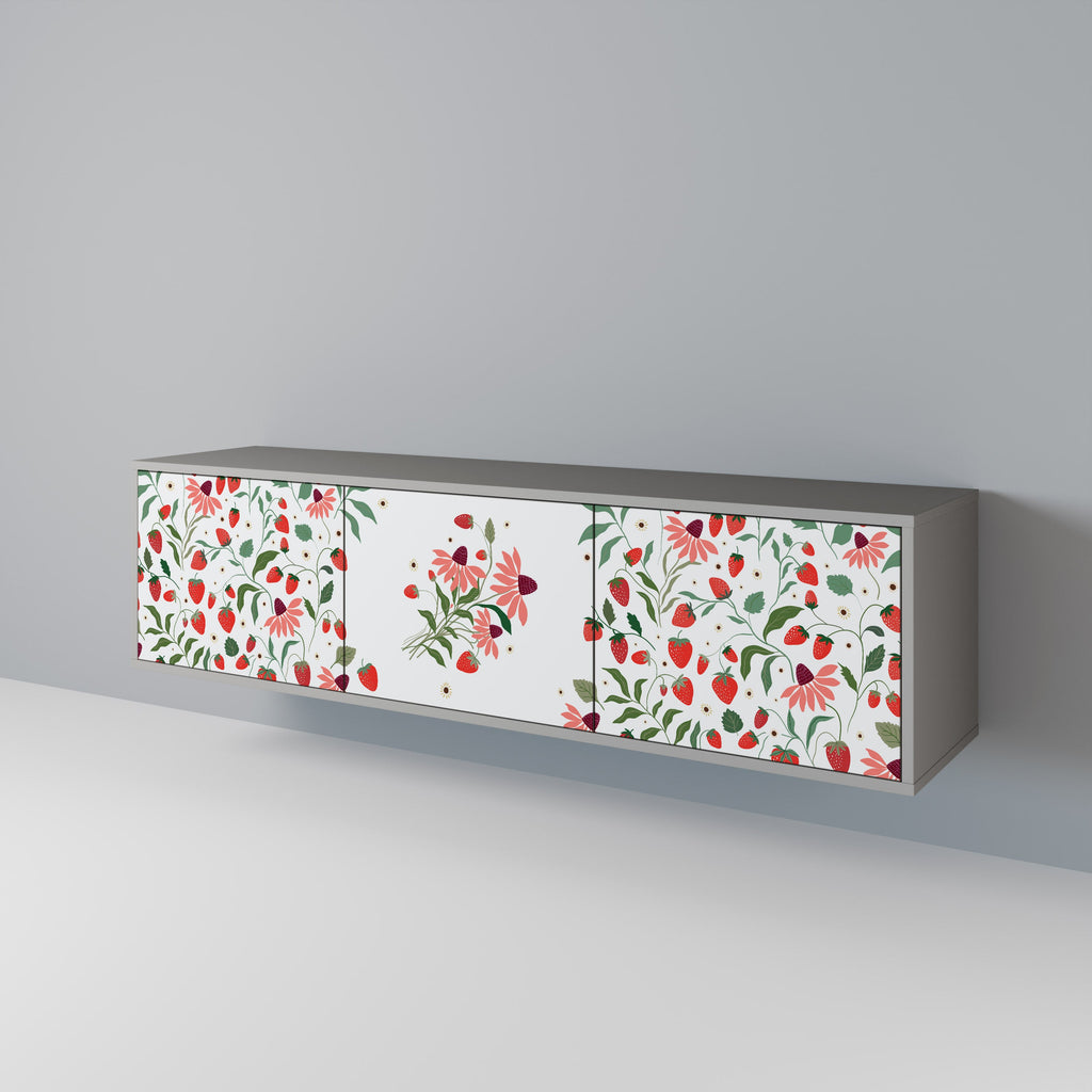 Τρίθυρη βάση τηλεόρασης FLOWERS AND STRAWBERRIES σε γκρι φινίρισμα