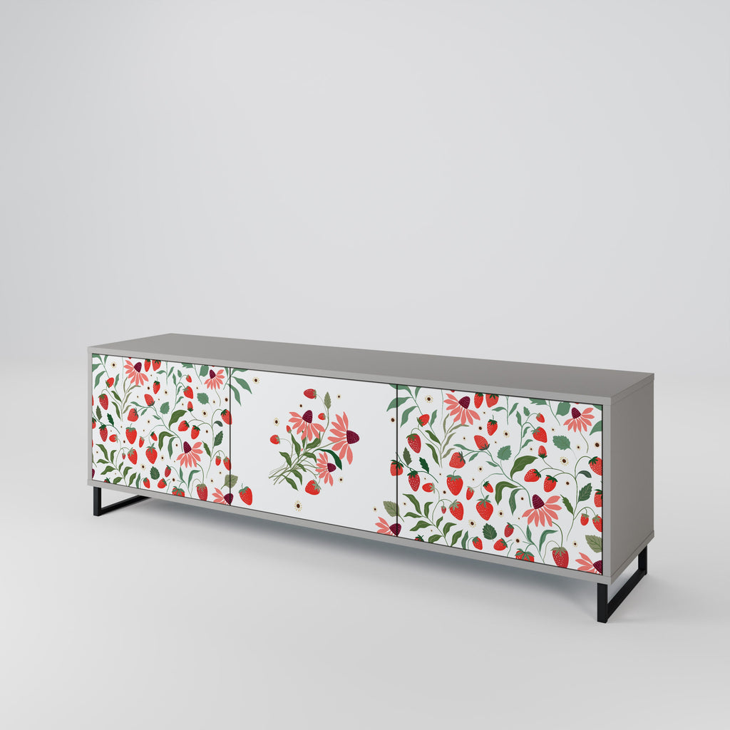 Τρίθυρη βάση τηλεόρασης FLOWERS AND STRAWBERRIES σε γκρι φινίρισμα