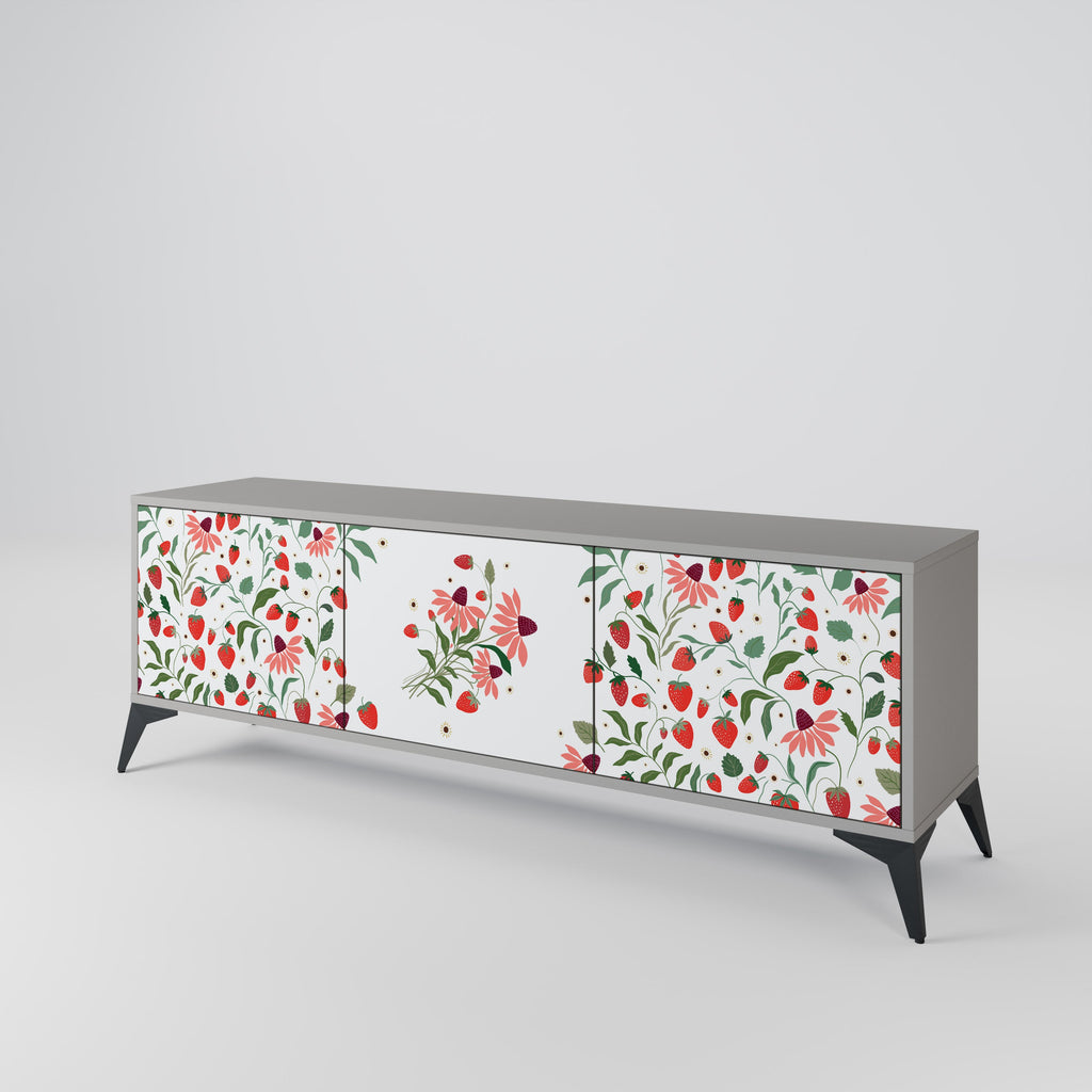 Τρίθυρη βάση τηλεόρασης FLOWERS AND STRAWBERRIES σε γκρι φινίρισμα