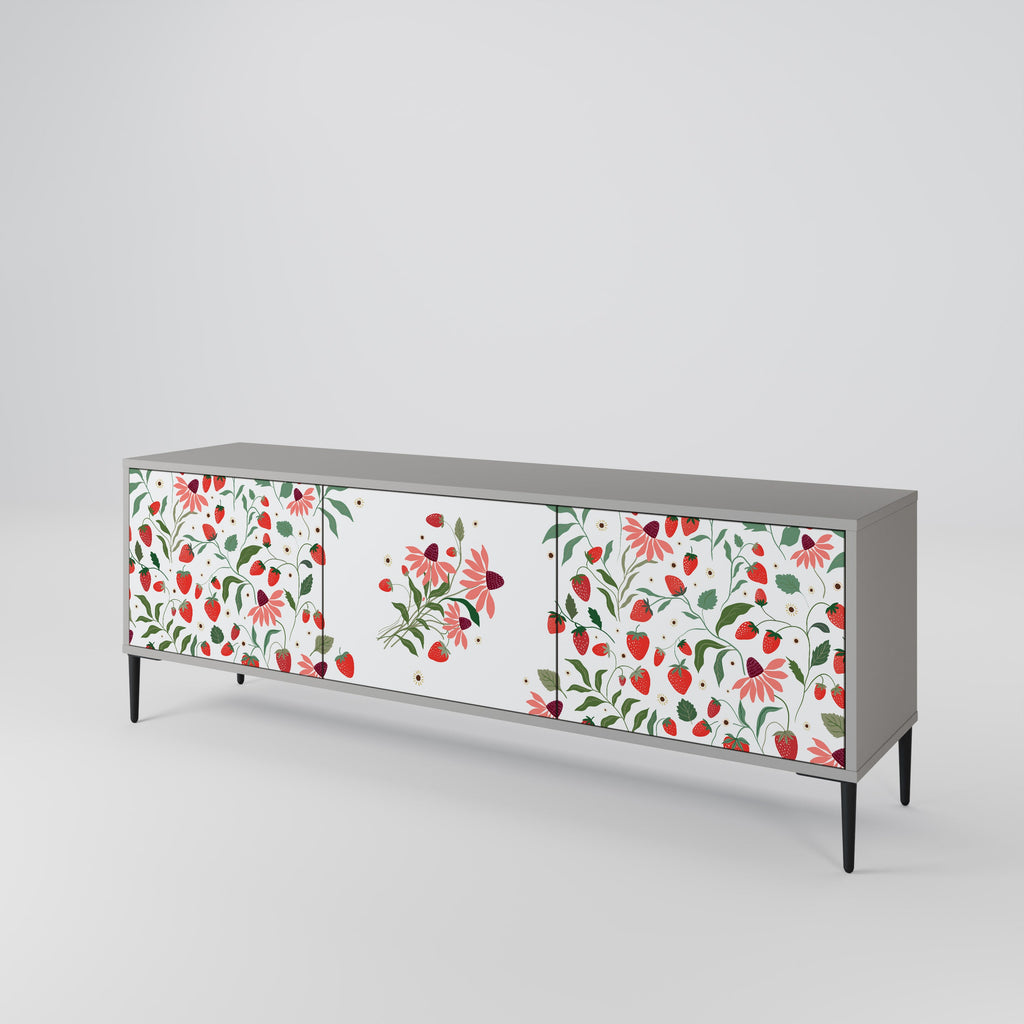Τρίθυρη βάση τηλεόρασης FLOWERS AND STRAWBERRIES σε γκρι φινίρισμα