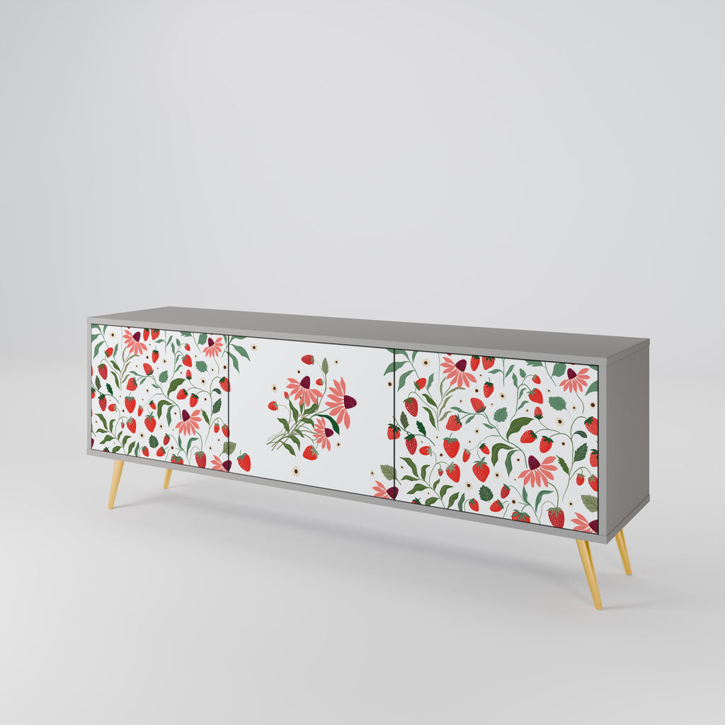 Τρίθυρη βάση τηλεόρασης FLOWERS AND STRAWBERRIES σε γκρι φινίρισμα