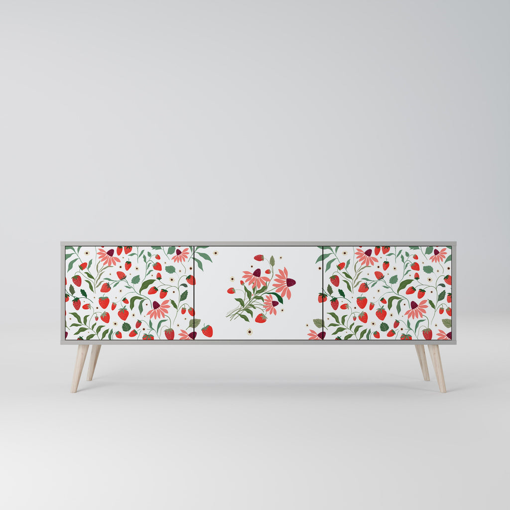 Τρίθυρη βάση τηλεόρασης FLOWERS AND STRAWBERRIES σε γκρι φινίρισμα