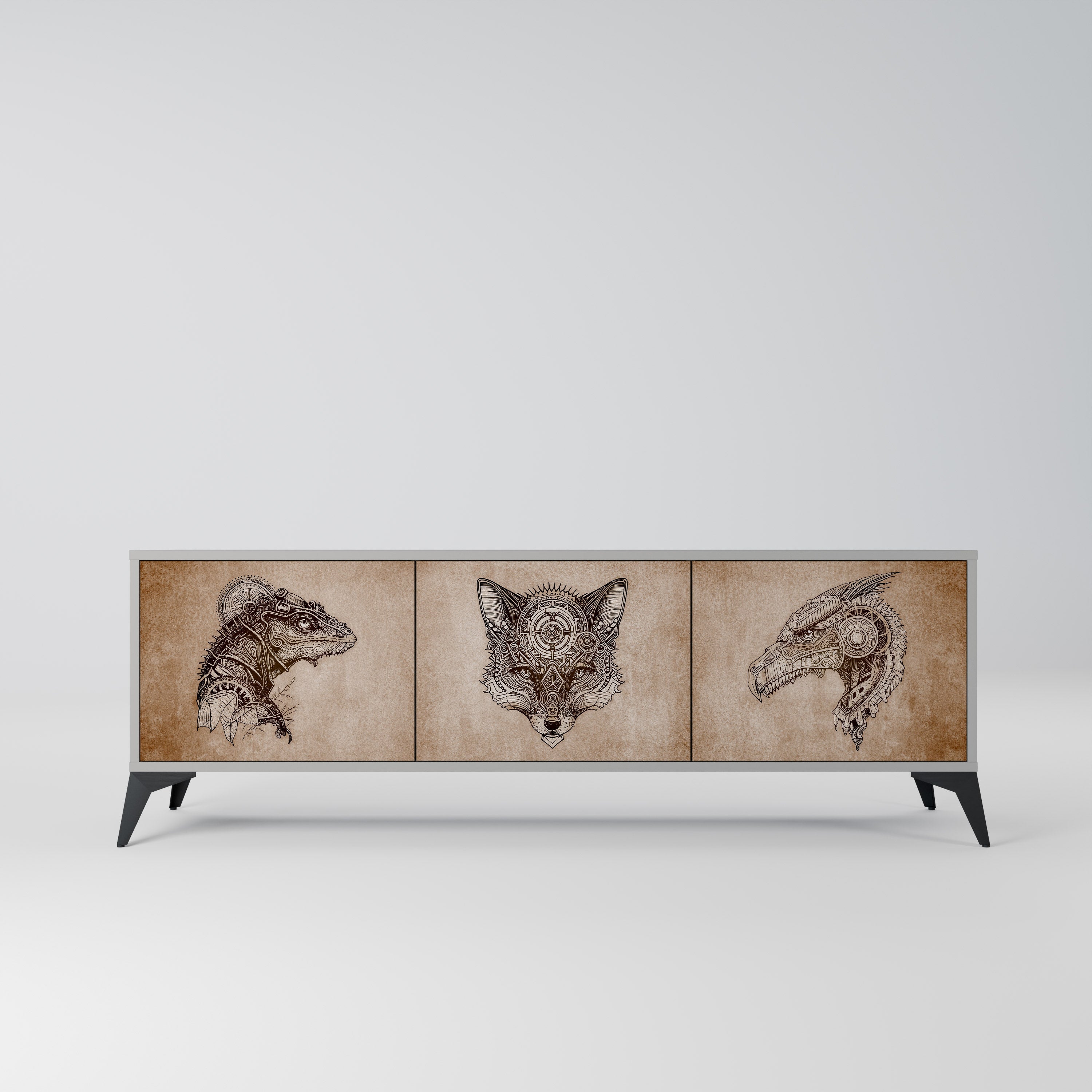 STEAMPUNK CLAN 3-Door TV Stand in Grey Finish