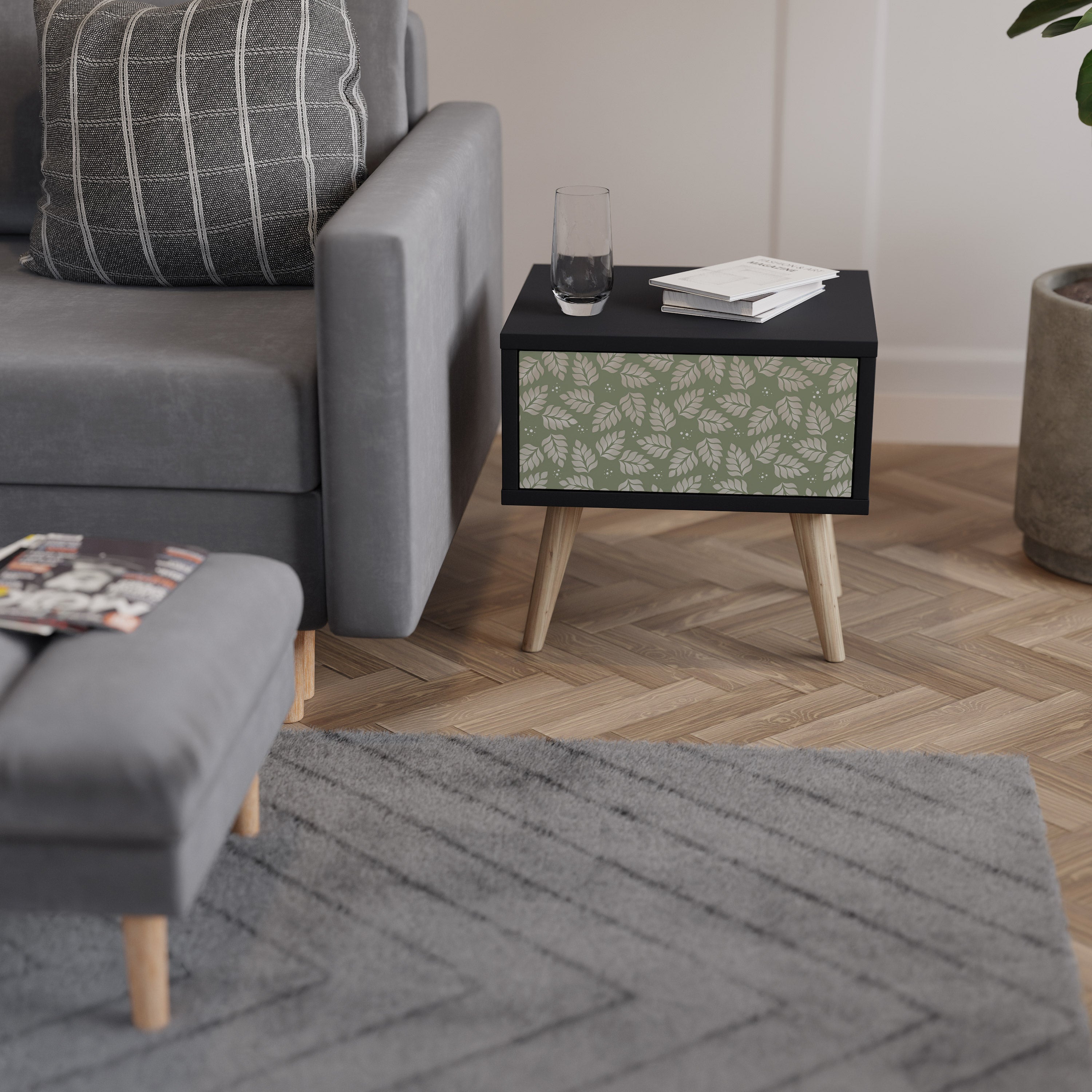 LEAVES ON GREEN Nightstand in Black Finish