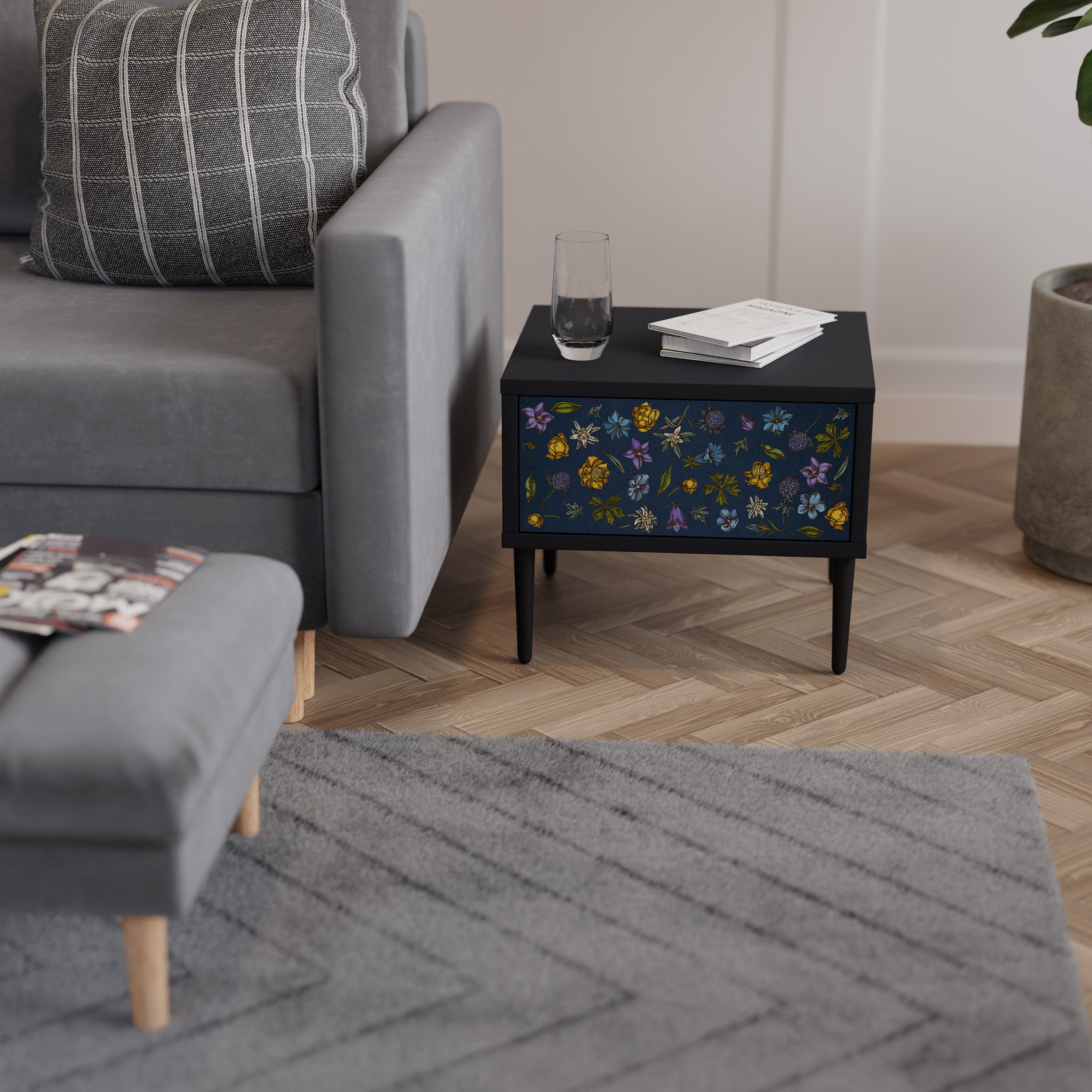 FLOWERS ON NAVY BLUE Nightstand in Black Finish