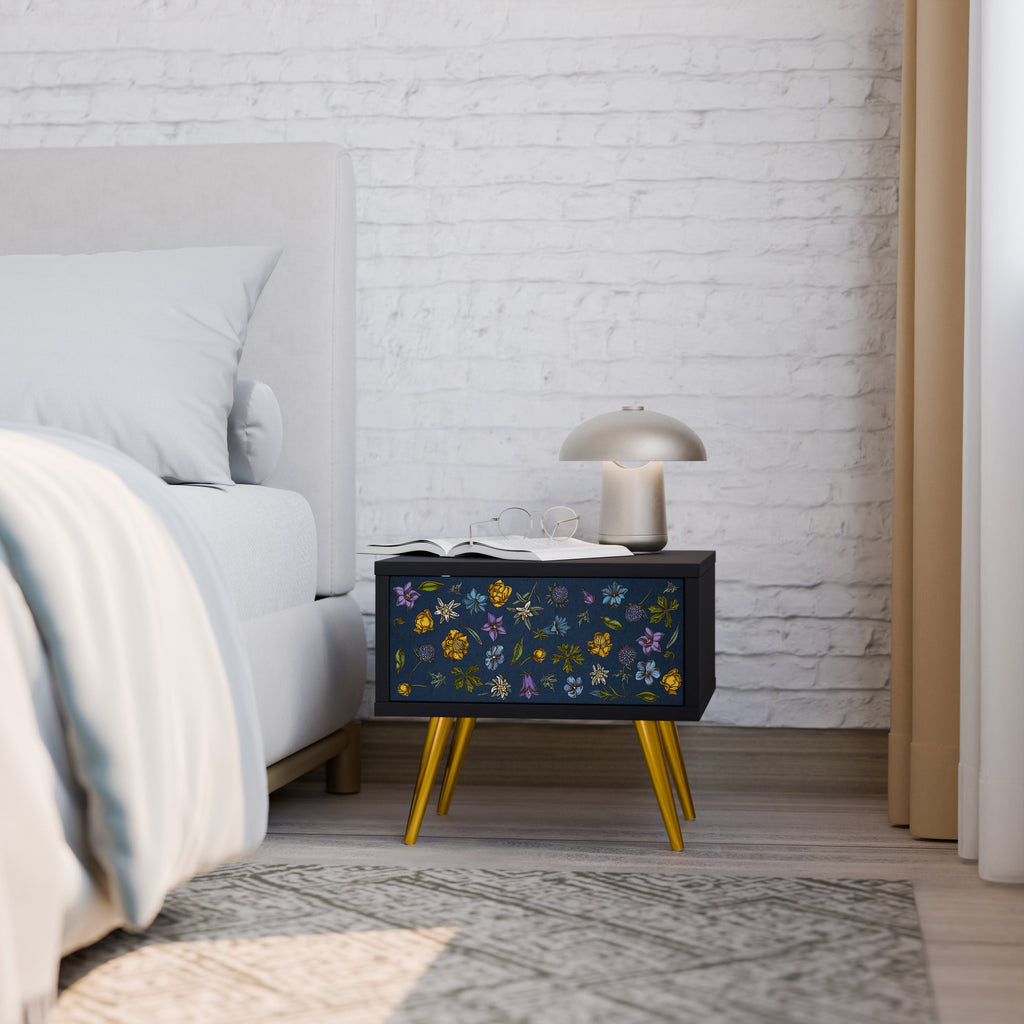 FLOWERS ON NAVY BLUE Nightstand in Black Finish