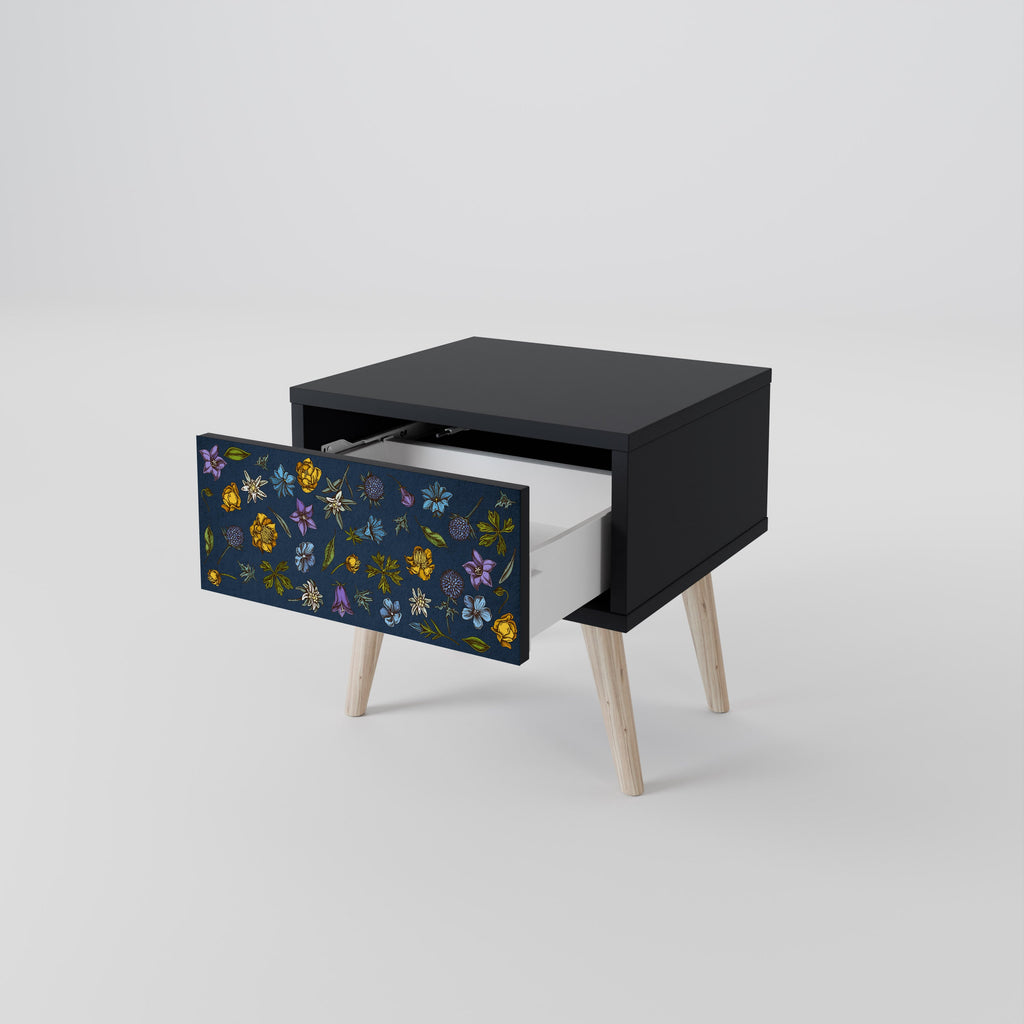 FLOWERS ON NAVY BLUE Nightstand in Black Finish