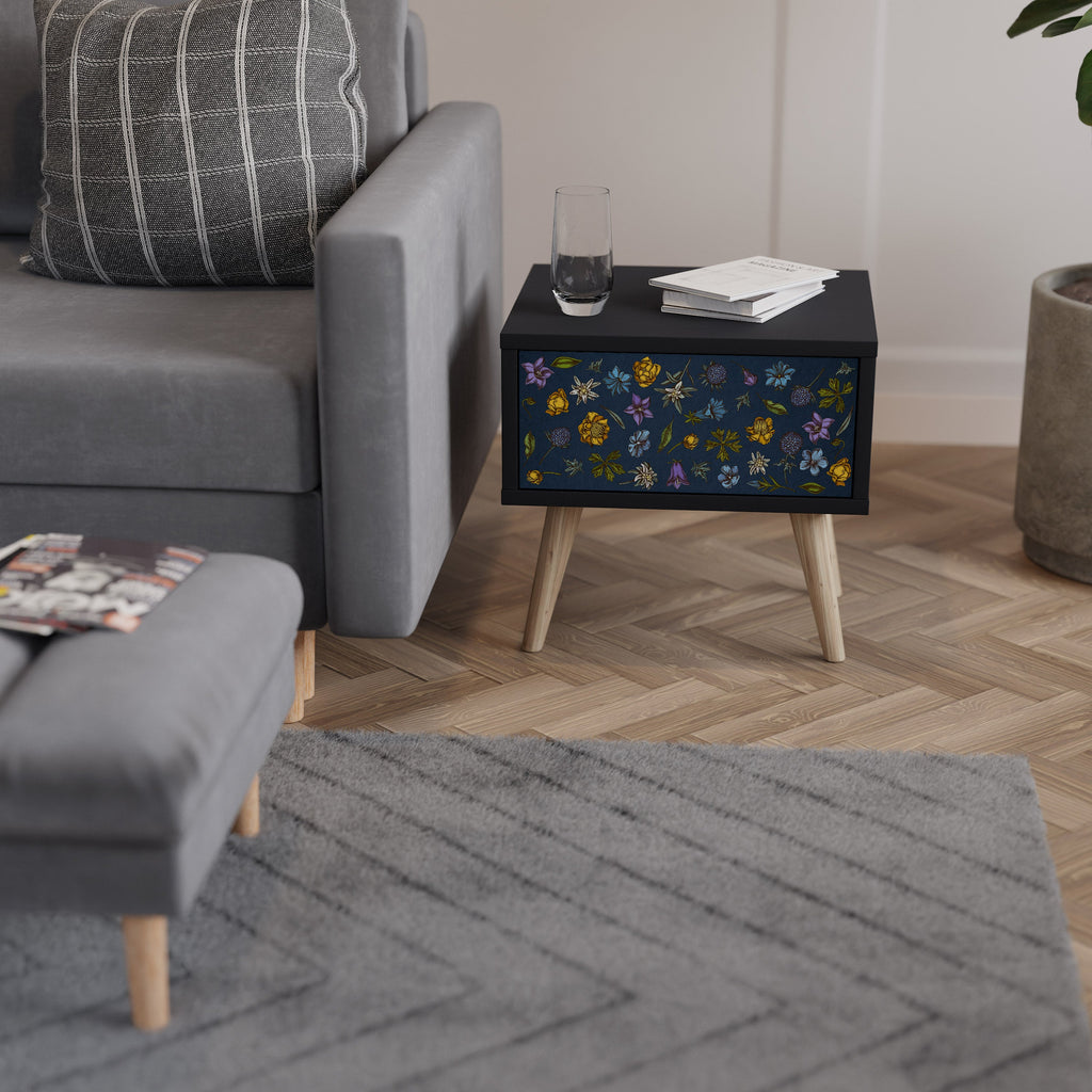 FLOWERS ON NAVY BLUE Nightstand in Black Finish